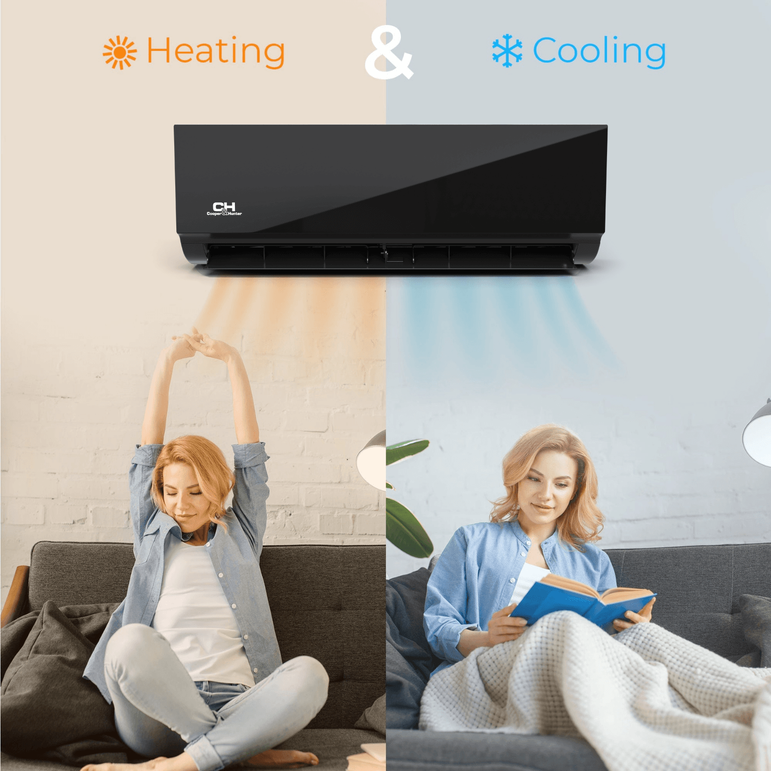 Cooper&Hunter Hyper Olivia Midnight 2-Zone Ductless Mini Split AC & Heat Pump 19000 BTU (6K+9K), Wall Mount Units, 230V - R410A
