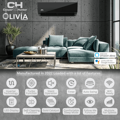 Cooper&Hunter Hyper Olivia Midnight 4-Zone Ductless Mini Split AC & Heat Pump 55000 BTU (9K+9K+9K+9K), Wall Mount Units, 230V - R410A