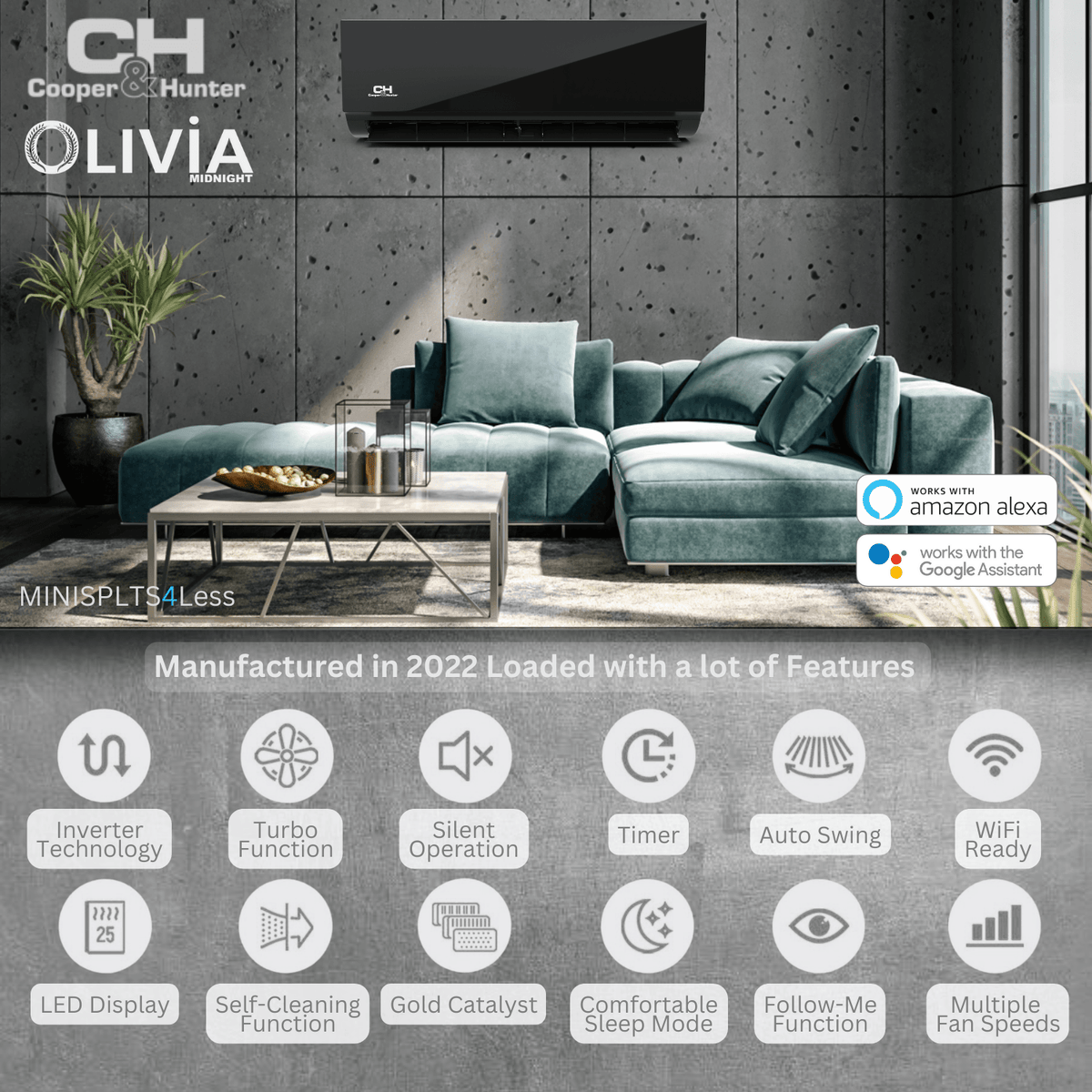 Cooper&Hunter Hyper Olivia Midnight 5-Zone Ductless Mini Split AC & Heat Pump 55000 BTU (6K+6K+6K+6K+9K), Wall Mount Units, 230V - R410A
