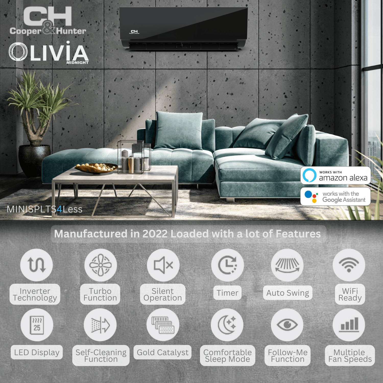 Cooper&Hunter Hyper Olivia Midnight 2-Zone Ductless Mini Split AC & Heat Pump 19000 BTU (6K+9K), Wall Mount Units, 230V - R410A