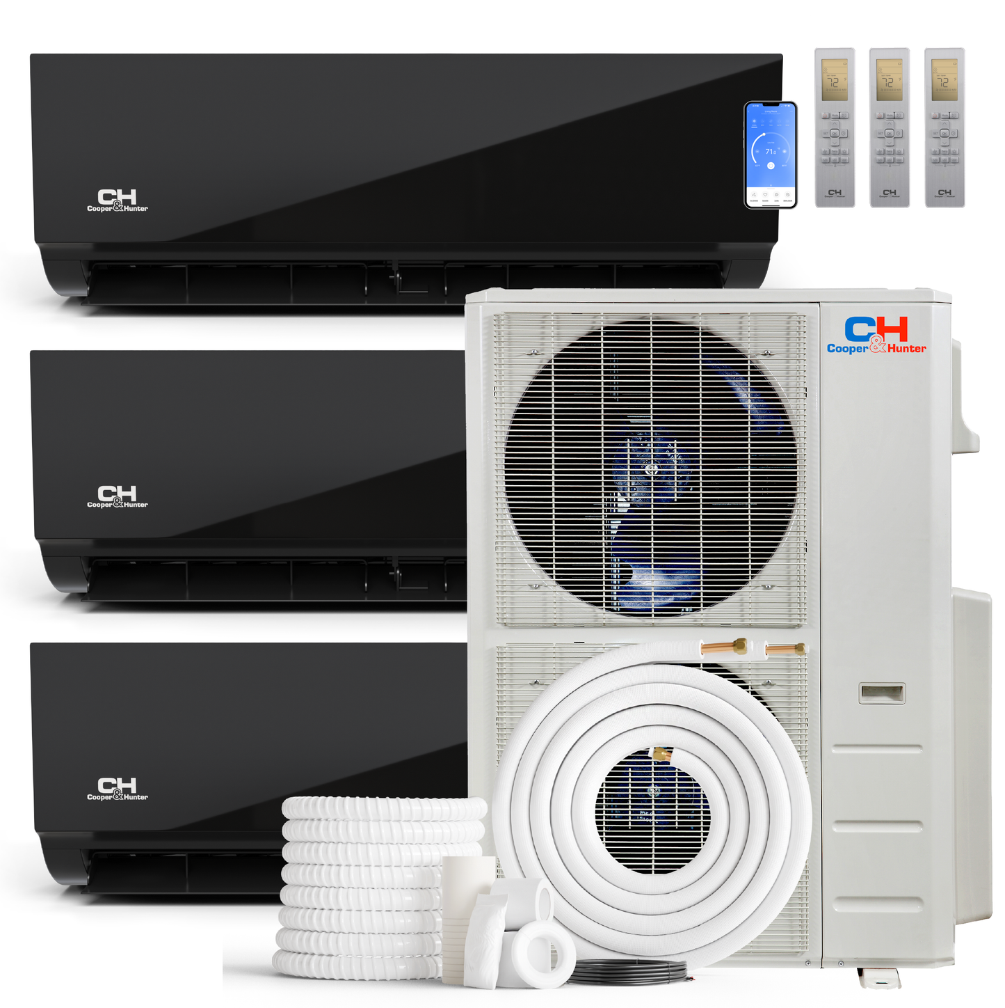 Cooper&Hunter Olivia Midnight 3-Zone Ductless Mini Split AC & Heat Pump 48000 BTU (9K+12K+24K), Wall Mount Units, 230V
