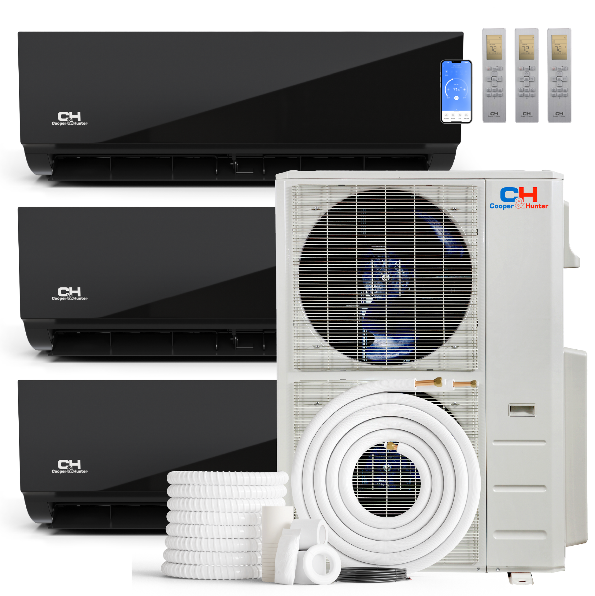 Cooper&Hunter Olivia Midnight 3-Zone Ductless Mini Split AC & Heat Pump 48000 BTU (12K+12K+18K), Wall Mount Units, 230V