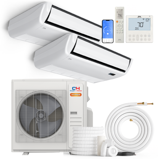 Cooper&Hunter Hyper 2-Zone Ductless Mini Split AC & Heat Pump 36000 BTU (24K+24K), Universal Floor/Ceiling Units, 230V