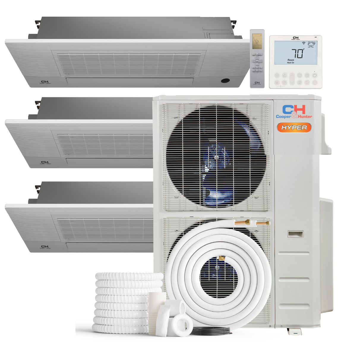 Cooper&Hunter Hyper 3-Zone Ductless Mini Split AC & Heat Pump 55000 BTU (6K+6K+18K), One-Way Cassette Units, 230V - R410A