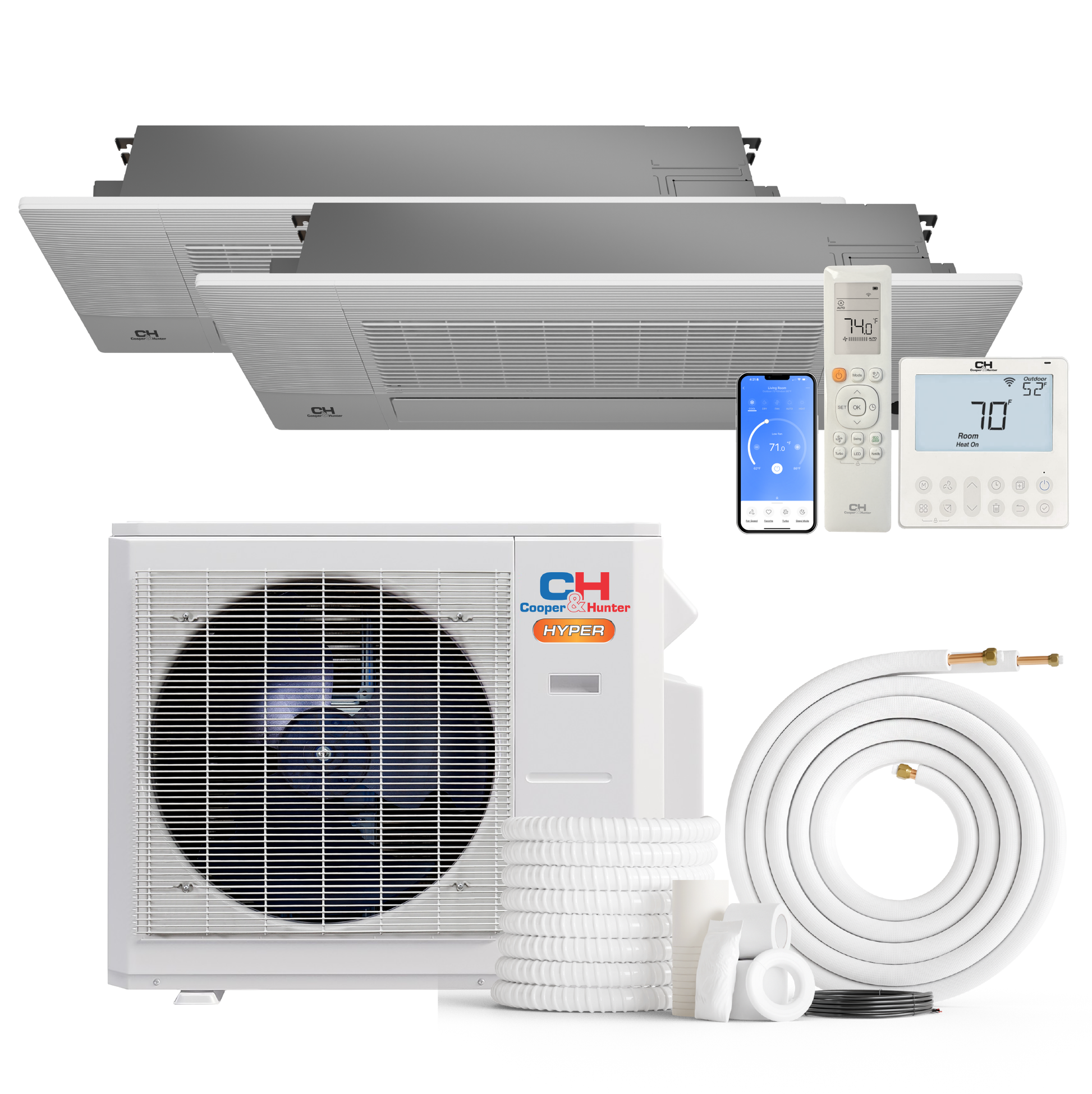 Cooper&Hunter Hyper 2-Zone Ductless Mini Split AC & Heat Pump 19000 BTU (6K+12K), One-Way Ceiling Cassettes Units, 230V