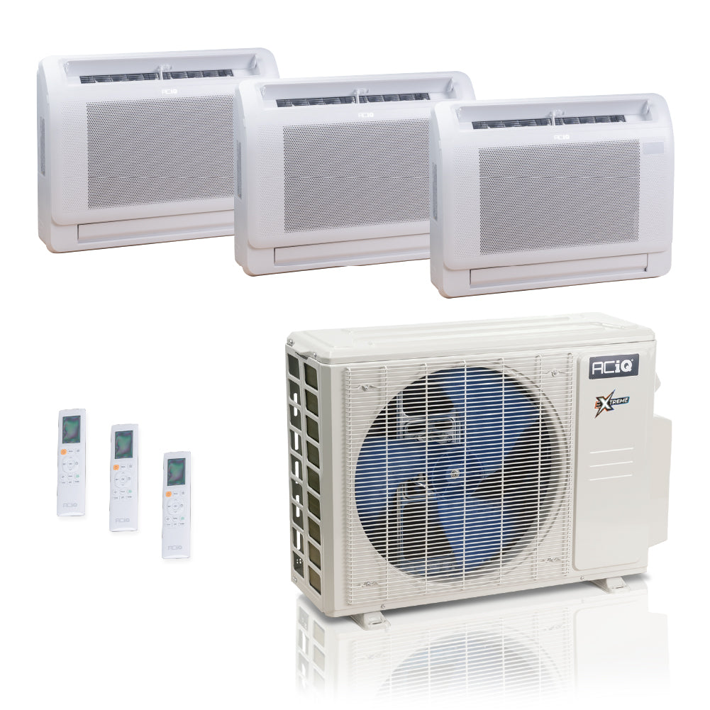 ACIQ Extreme Series 3-Zone Ductless Mini Split AC & Heat Pump 27000 BTU (9K+18K+18K), Floor Console Units, 230V