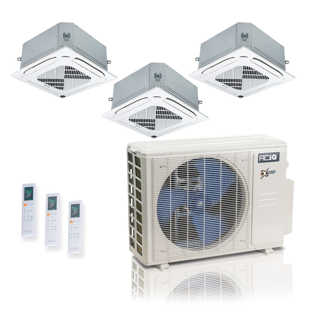ACIQ Extreme Series 3-Zone Ductless Mini Split AC & Heat Pump 18000 BTU (9K+9K+12K), Ceiling Cassettes Units, 230V