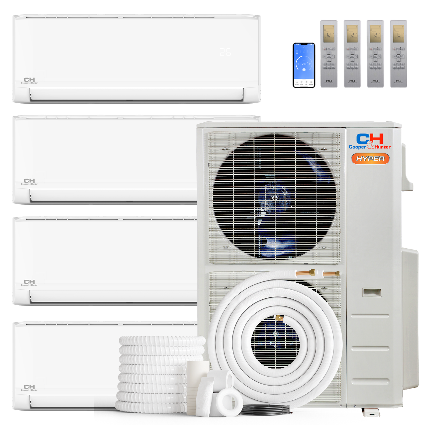 Cooper&Hunter Hyper Olivia 4-Zone Ductless Mini Split AC & Heat Pump 48000 BTU (6K+9K+9K+9K), Wall Mount Units, 230V