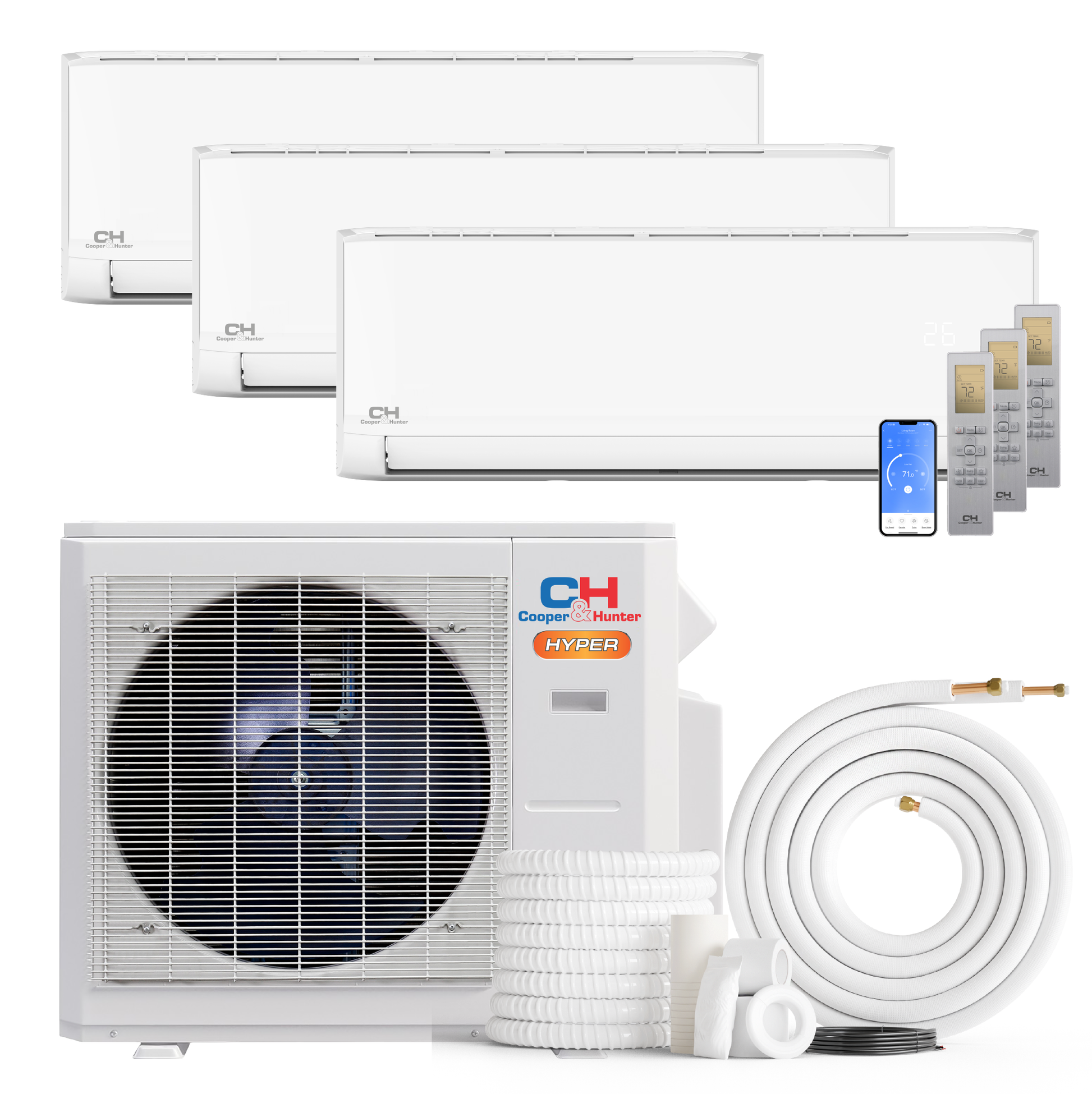 Cooper&Hunter Hyper Olivia 3-Zone Ductless Mini Split AC & Heat Pump 28000 BTU (6K+18K+18K), Wall Mount Units, 230V