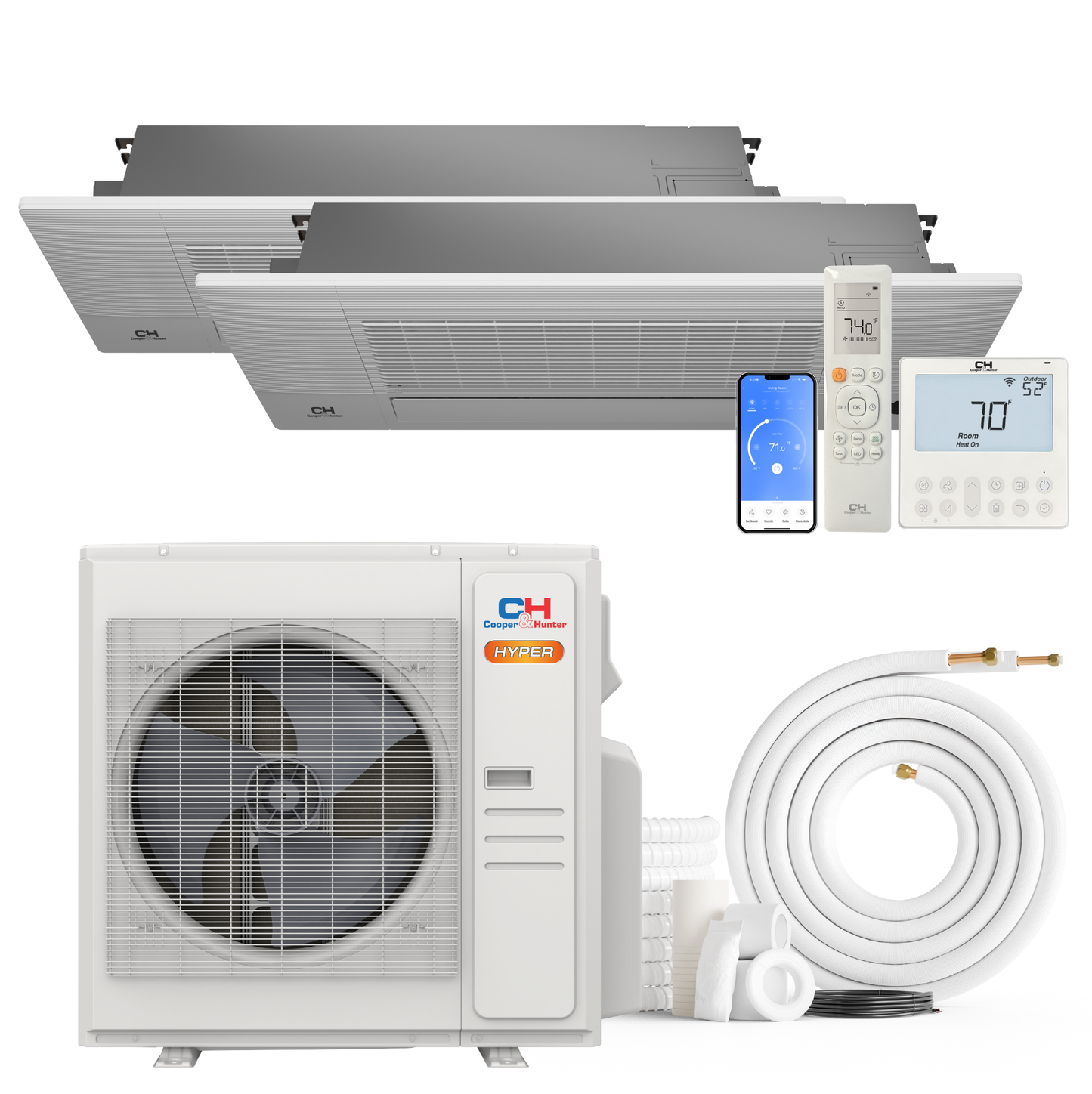 Cooper&Hunter Hyper 2-Zone Ductless Mini Split AC & Heat Pump 36000 BTU (6K+18K), One-Way Ceiling Cassettes Units, 230V