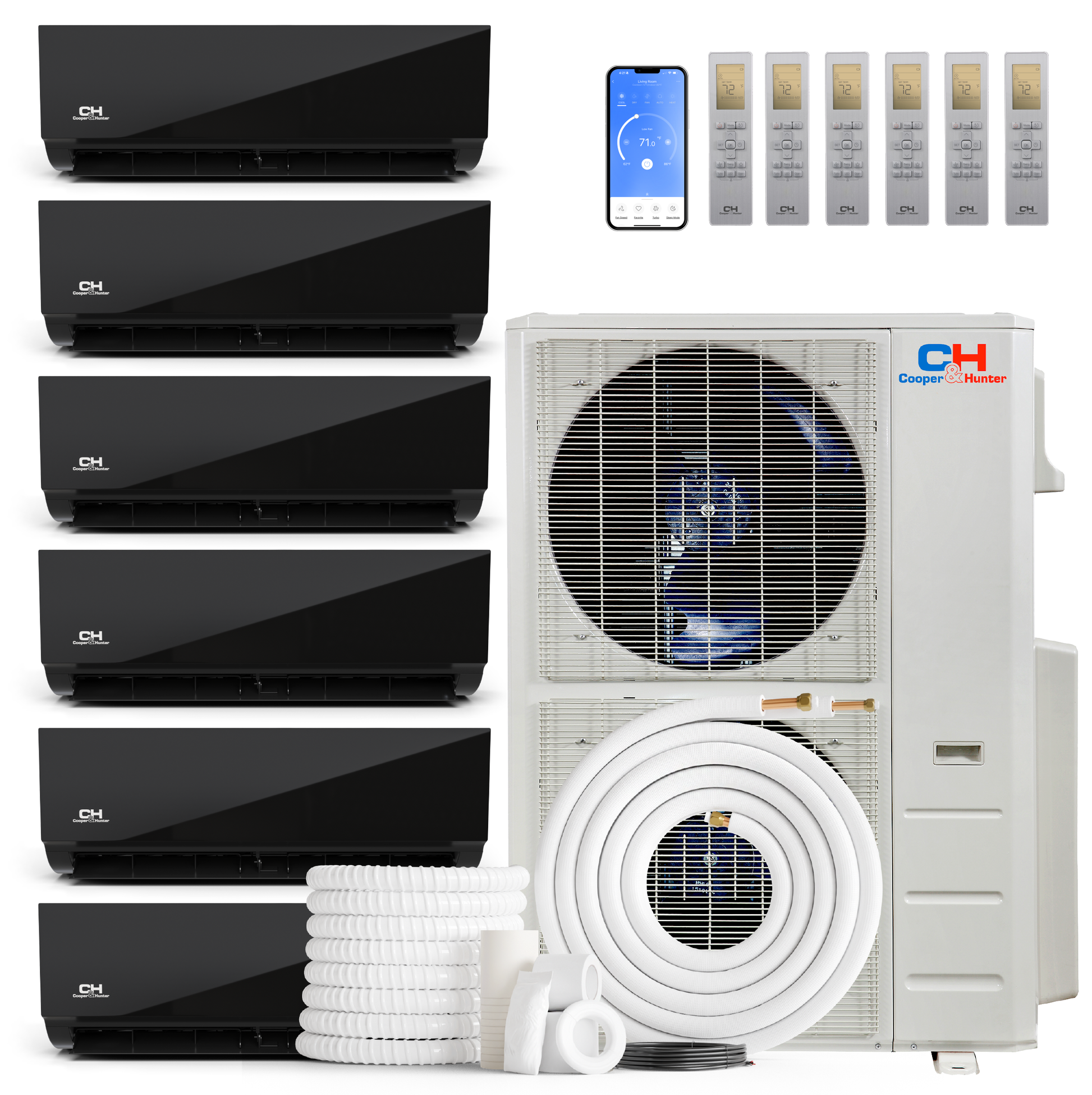 Cooper&Hunter Olivia Midnight 6-Zone Ductless Mini Split AC & Heat Pump 60000 BTU (9K+9K+9K+9K+9K+24K), Wall Mount Units, 230V