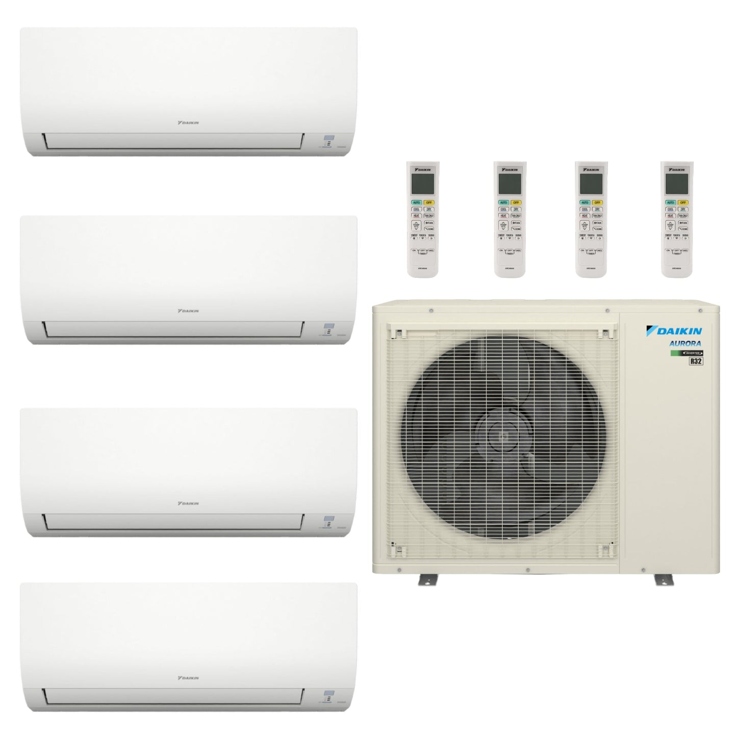 Daikin Aurora 4-Zone Ductless Mini Split AC & Heat Pump 36000 BTU (7K+9K+9K+12K), Wall Mount Units, 230V - R32