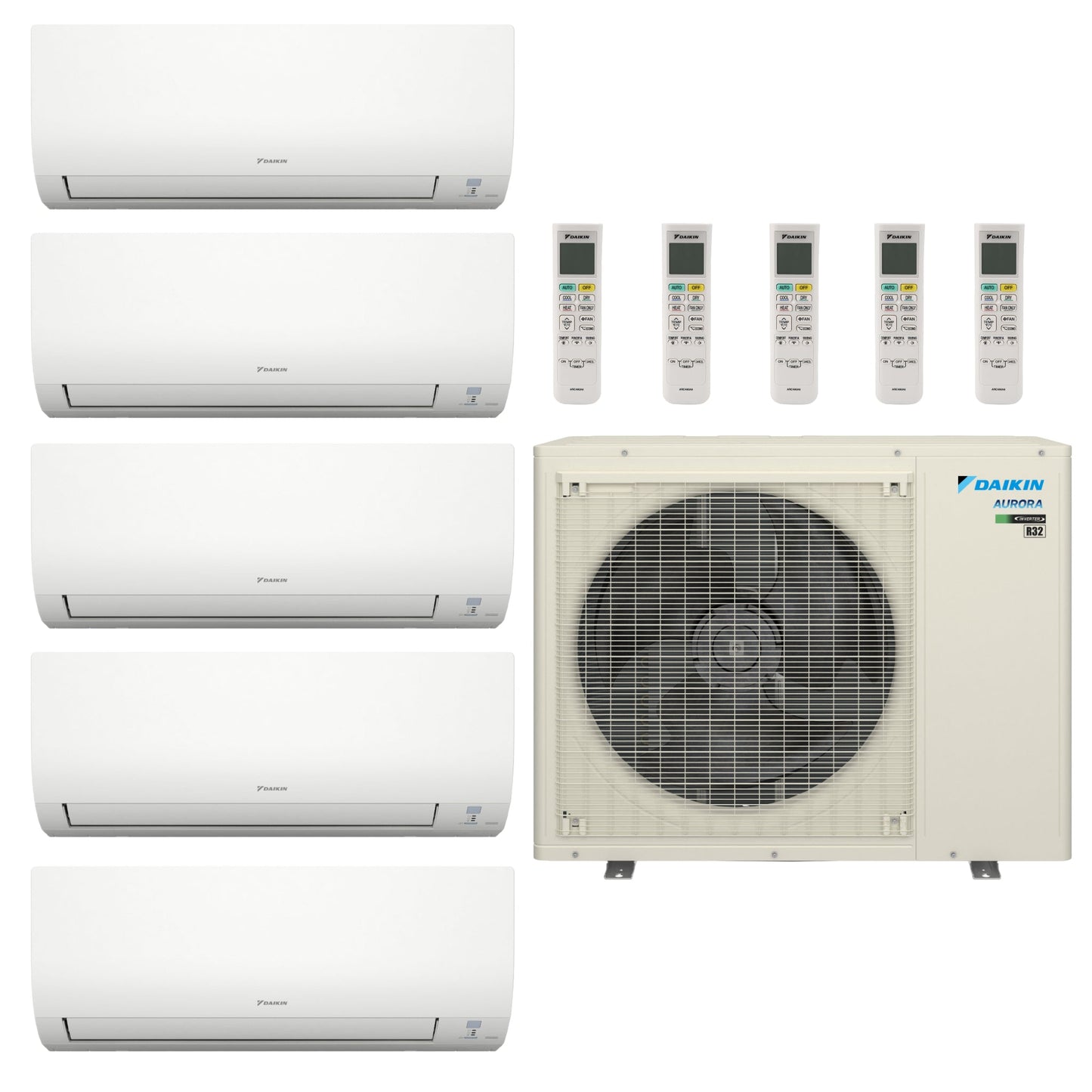 Daikin Hyper Heat Aurora 5-Zone Ductless Mini Split AC & Heat Pump 40000 BTU (9K+9K+12K+12K+12K), Wall Mount Units, 230V - R32