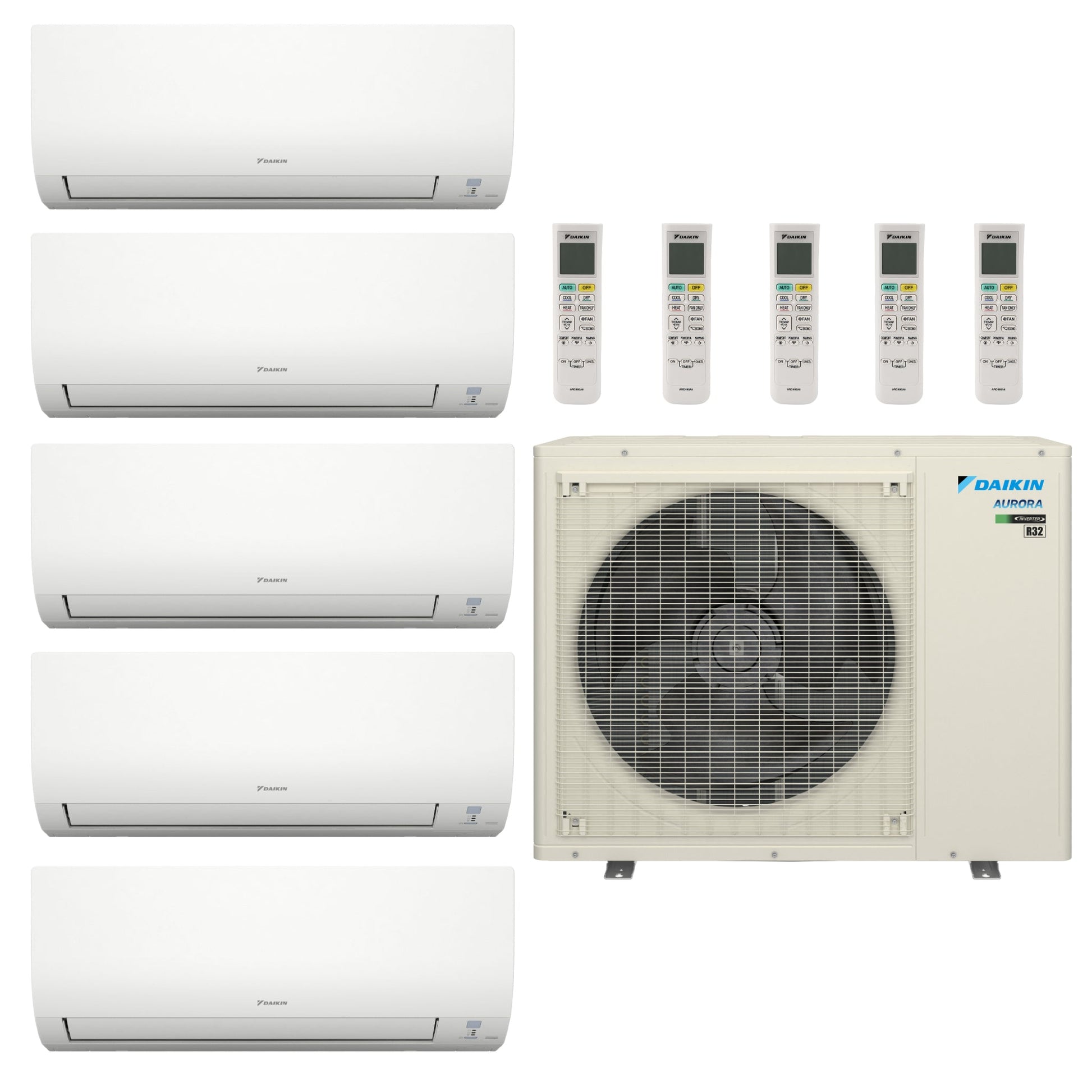 Daikin Aurora 5-Zone Ductless Mini Split AC & Heat Pump 48000 BTU (9K+9K+12K+12K+18K), Wall Mount Units, 230V - R32