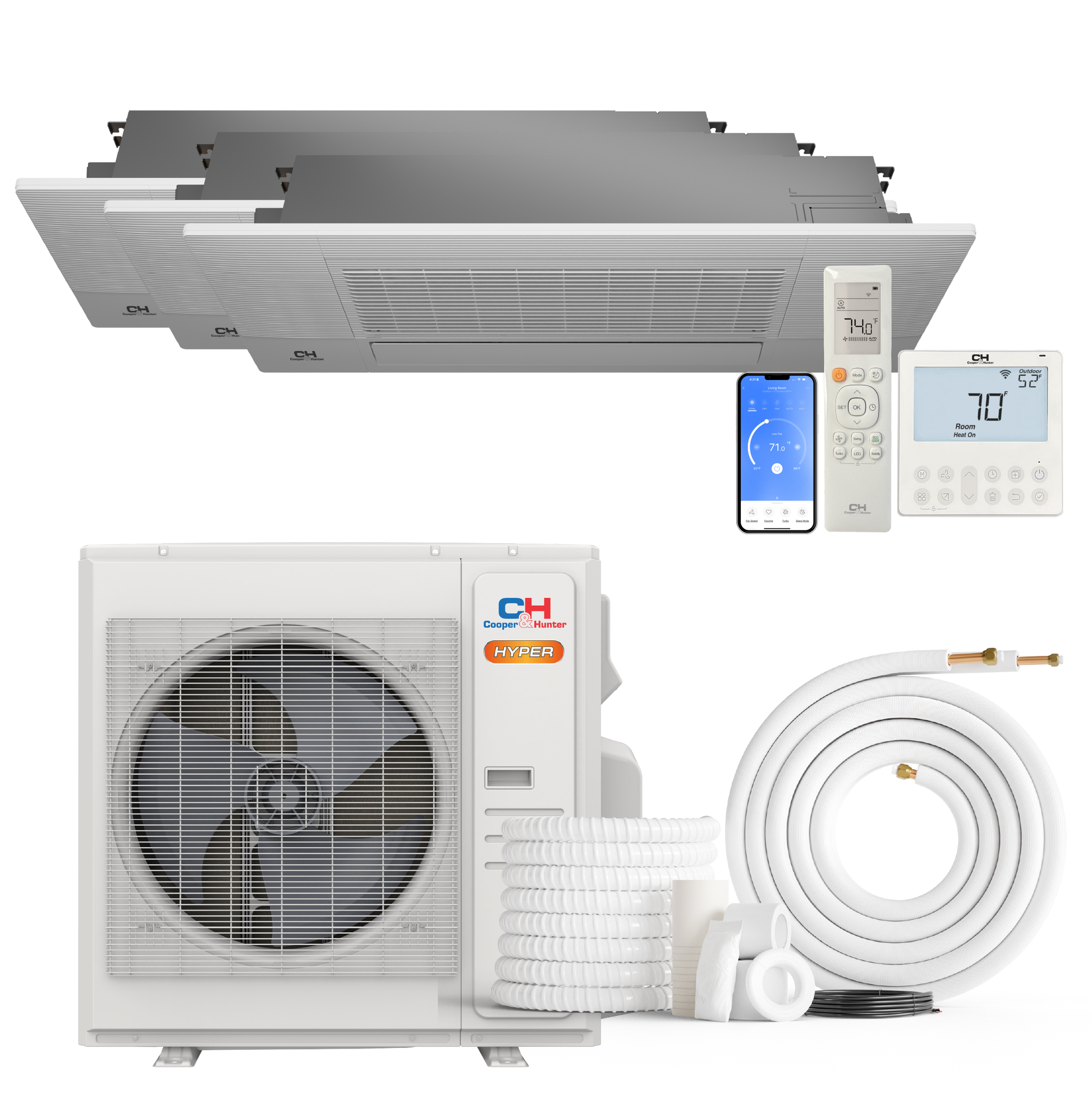 Cooper&Hunter Hyper 3-Zone Ductless Mini Split AC & Heat Pump 36000 BTU (9K+9K+18K), One-Way Ceiling Cassettes Units, 230V