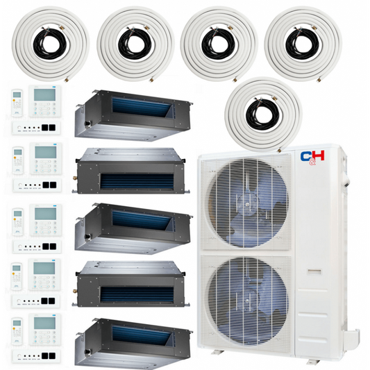 Cooper&Hunter 5-Zone Ducted Mini Split AC & Heat Pump 55000 BTU (9K+9K+9K+9K+9K), Slim Duct Units, 230V - R410A