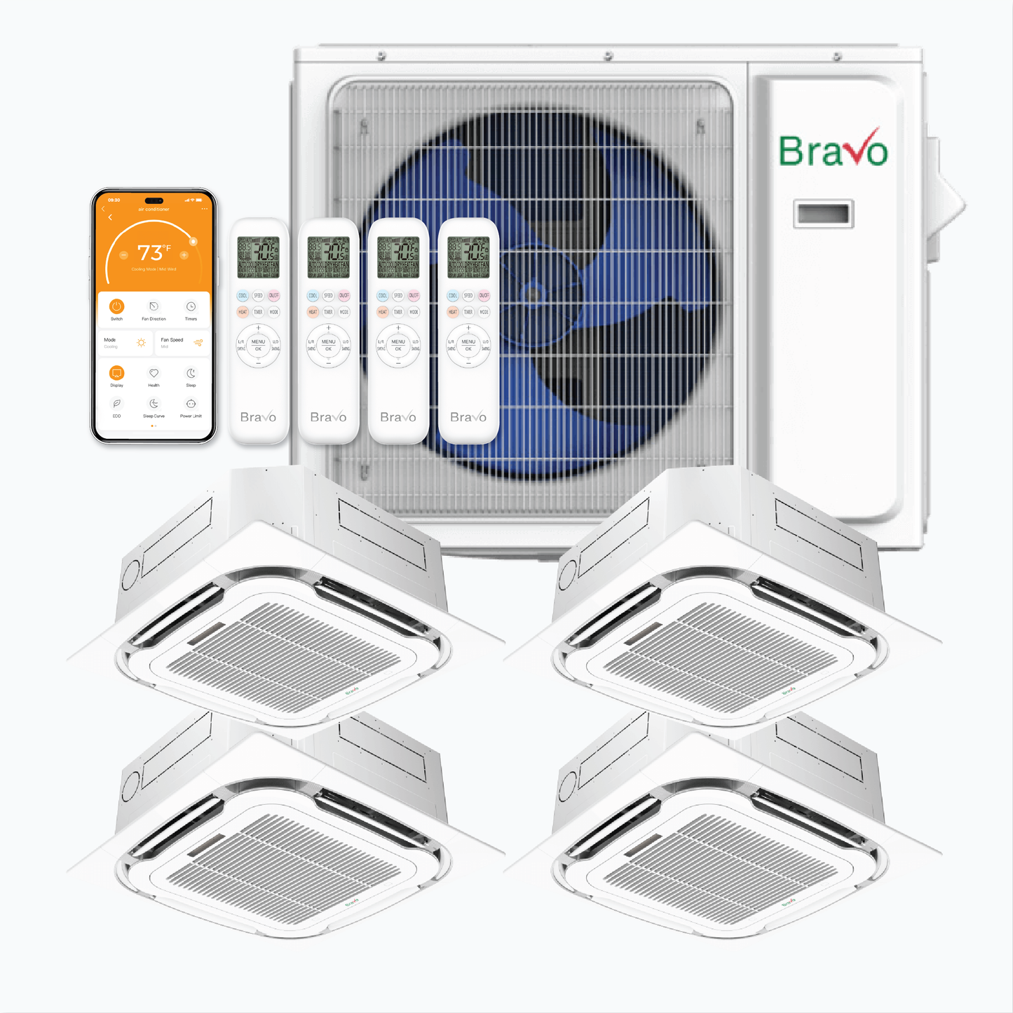 Bravo 4-Zone Ductless Mini Split AC & Heat Pump 36000 BTU (9K+9K+9K+18K), Ceiling Cassettes Units, 230V
