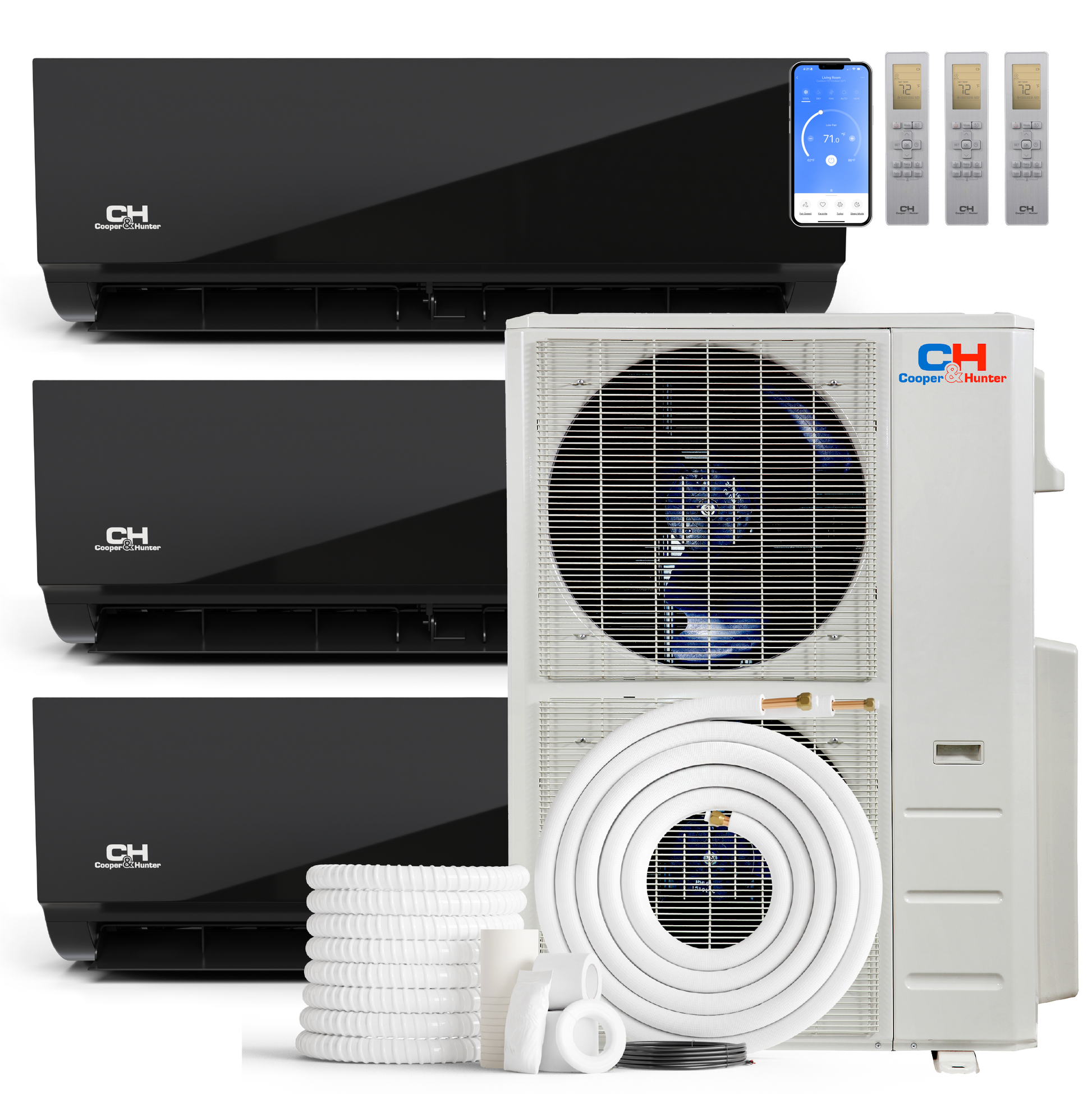 Cooper&Hunter Olivia Midnight 3-Zone Ductless Mini Split AC & Heat Pump 60000 BTU (9K+18K+18K), Wall Mount Units, 230V