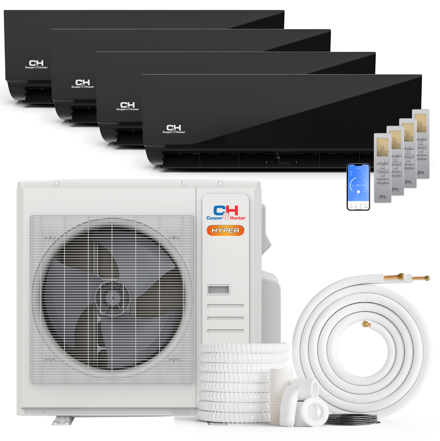 Cooper&Hunter Hyper Olivia Midnight 4-Zone Ductless Mini Split AC & Heat Pump 36000 BTU (9K+9K+9K+9K), Wall Mount Units, 230V