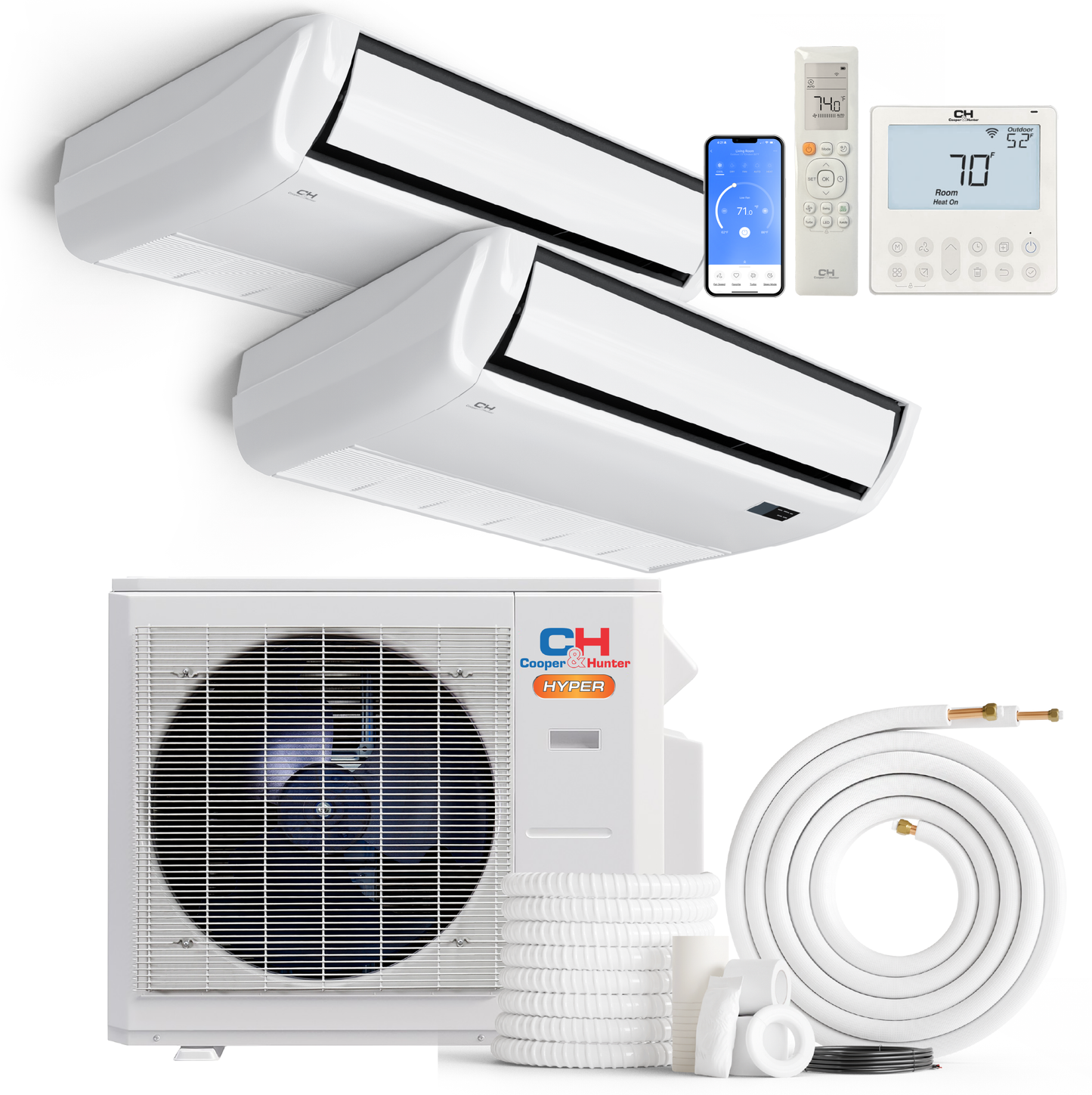 Cooper&Hunter Hyper 2-Zone Ductless Mini Split AC & Heat Pump 19000 BTU (18K+18K), Universal Floor/Ceiling Units, 230V
