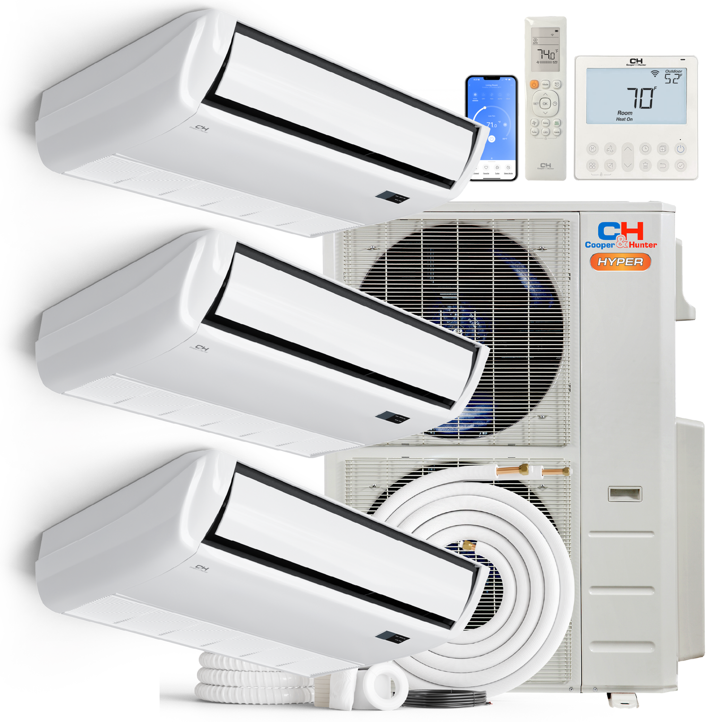 Cooper&Hunter Hyper 3-Zone Ductless Mini Split AC & Heat Pump 55000 BTU (18K+18K+18K), Universal Floor/Ceiling Units, 230V