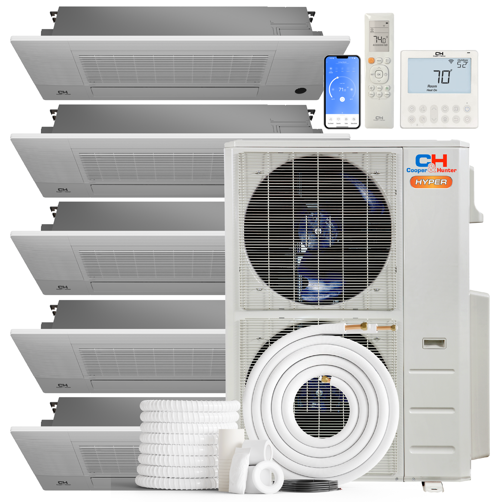Cooper&Hunter Hyper 5-Zone Ductless Mini Split AC & Heat Pump 48000 BTU (6K+6K+18K+18K+18K), One-Way Ceiling Cassettes Units, 230V