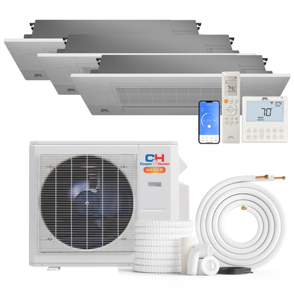 Cooper&Hunter Hyper 3-Zone Ductless Mini Split AC & Heat Pump 28000 BTU (9K+12K+18K), One-Way Ceiling Cassettes Units, 230V
