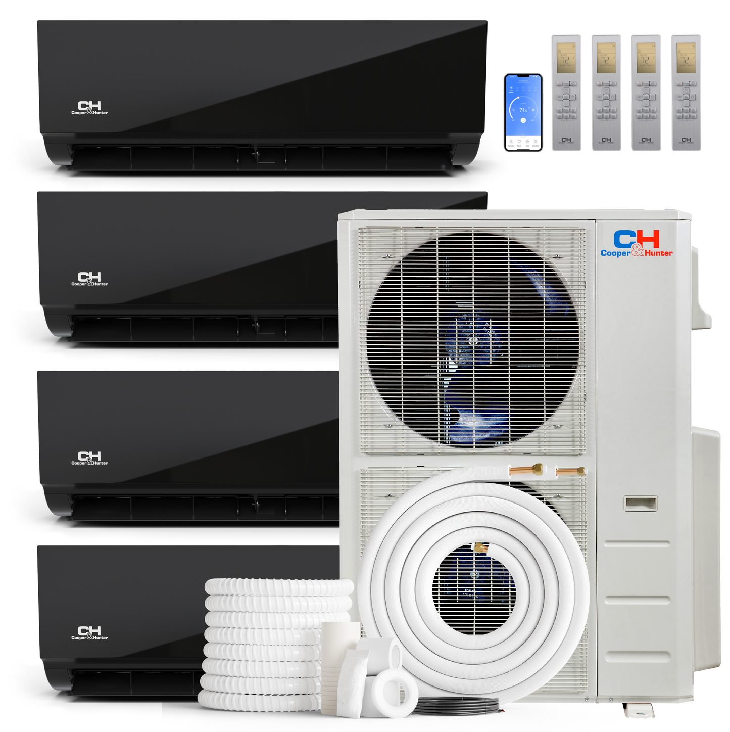 Cooper&Hunter Olivia Midnight 4-Zone Ductless Mini Split AC & Heat Pump 48000 BTU (9K+9K+12K+18K), Wall Mount Units, 230V