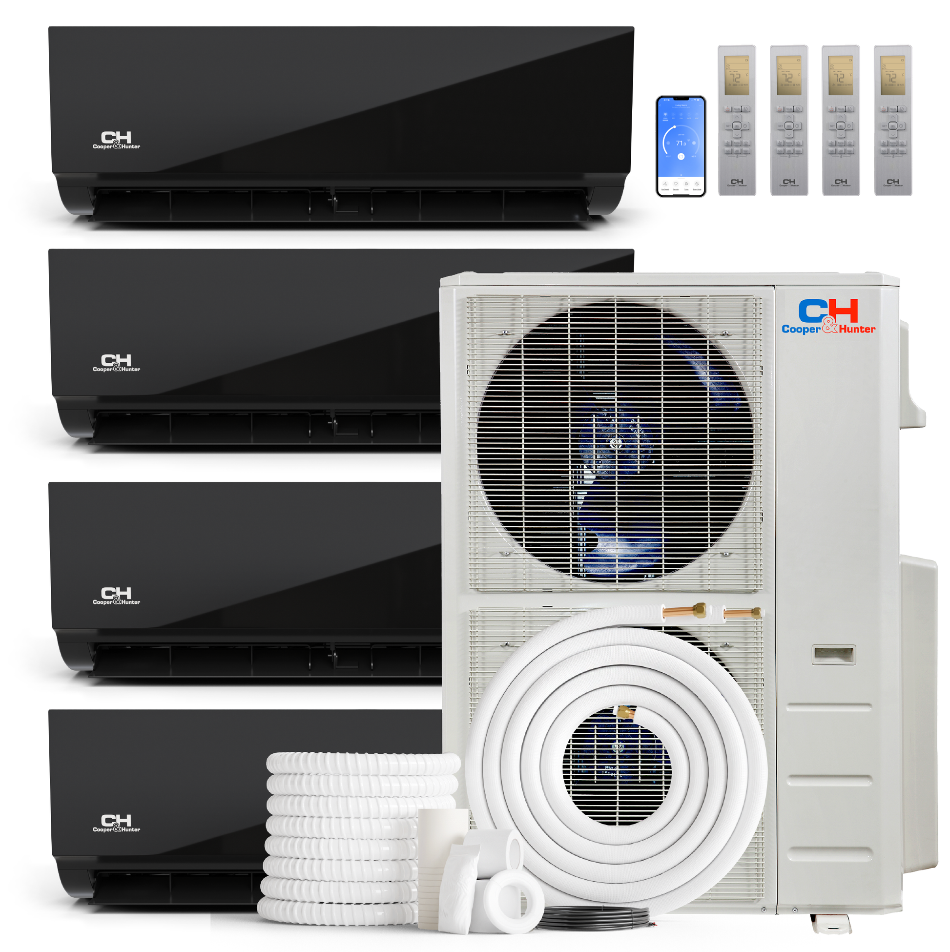 Cooper&Hunter Olivia Midnight 4-Zone Ductless Mini Split AC & Heat Pump 48000 BTU (9K+12K+18K+18K), Wall Mount Units, 230V