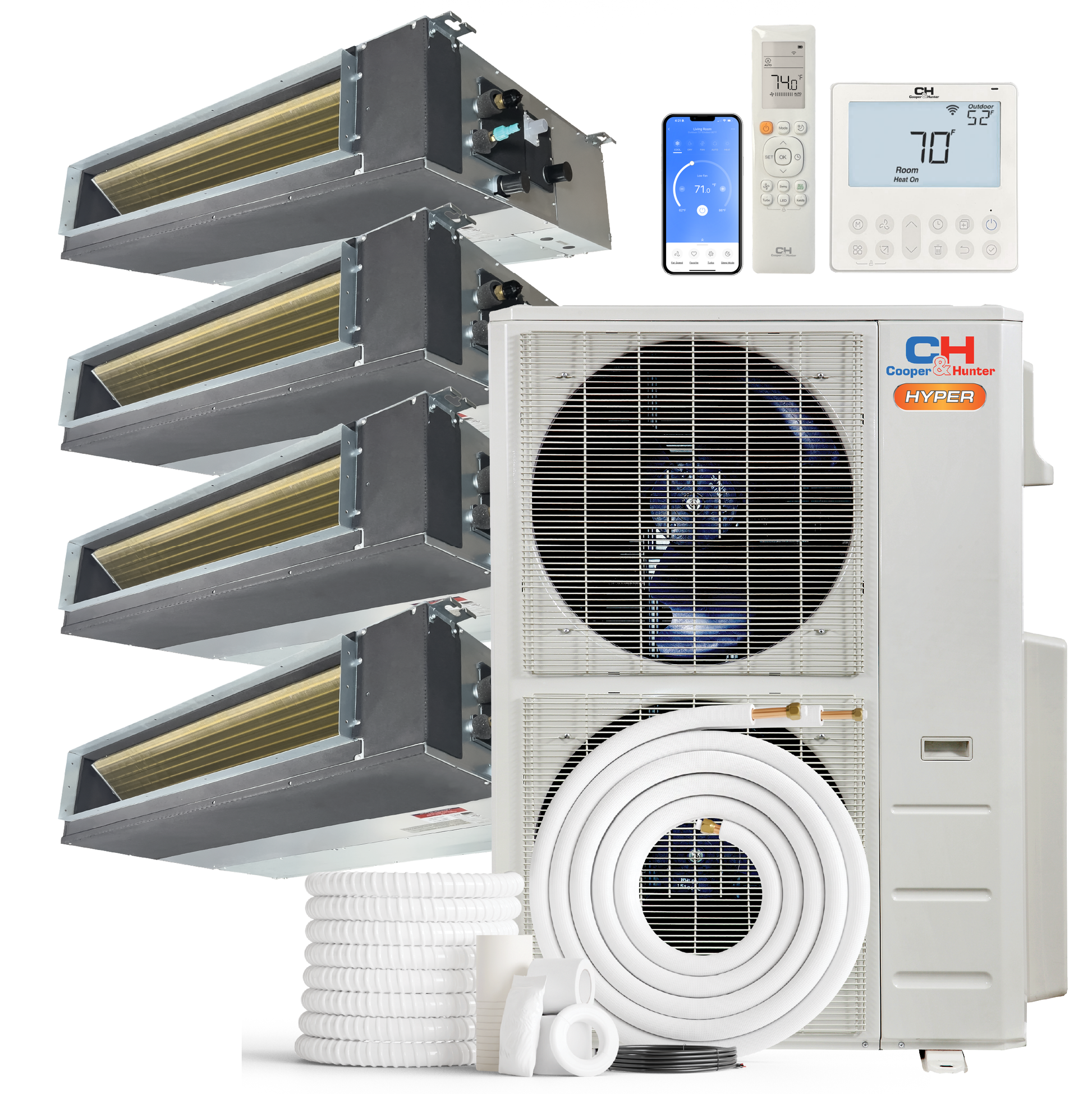 Cooper&Hunter Hyper 4-Zone Ducted Mini Split AC & Heat Pump 48000 BTU (6K+12K+12K+12K), Slim Duct Units, 230V