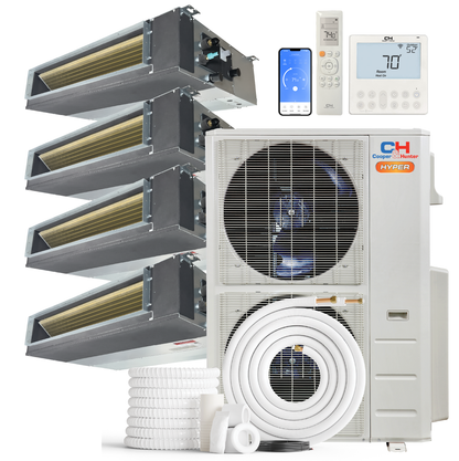 Cooper&Hunter Hyper 4-Zone Ducted Mini Split AC & Heat Pump 55000 BTU (6K+9K+12K+24K), Slim Duct Units, 230V