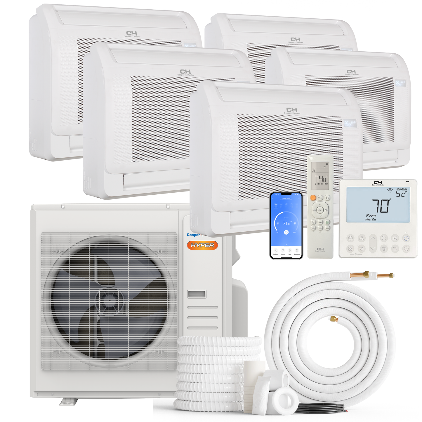 Cooper&Hunter Hyper 5-Zone Ductless Mini Split AC & Heat Pump 36000 BTU (9K+9K+9K+9K+12K), Floor Console Units, 230V