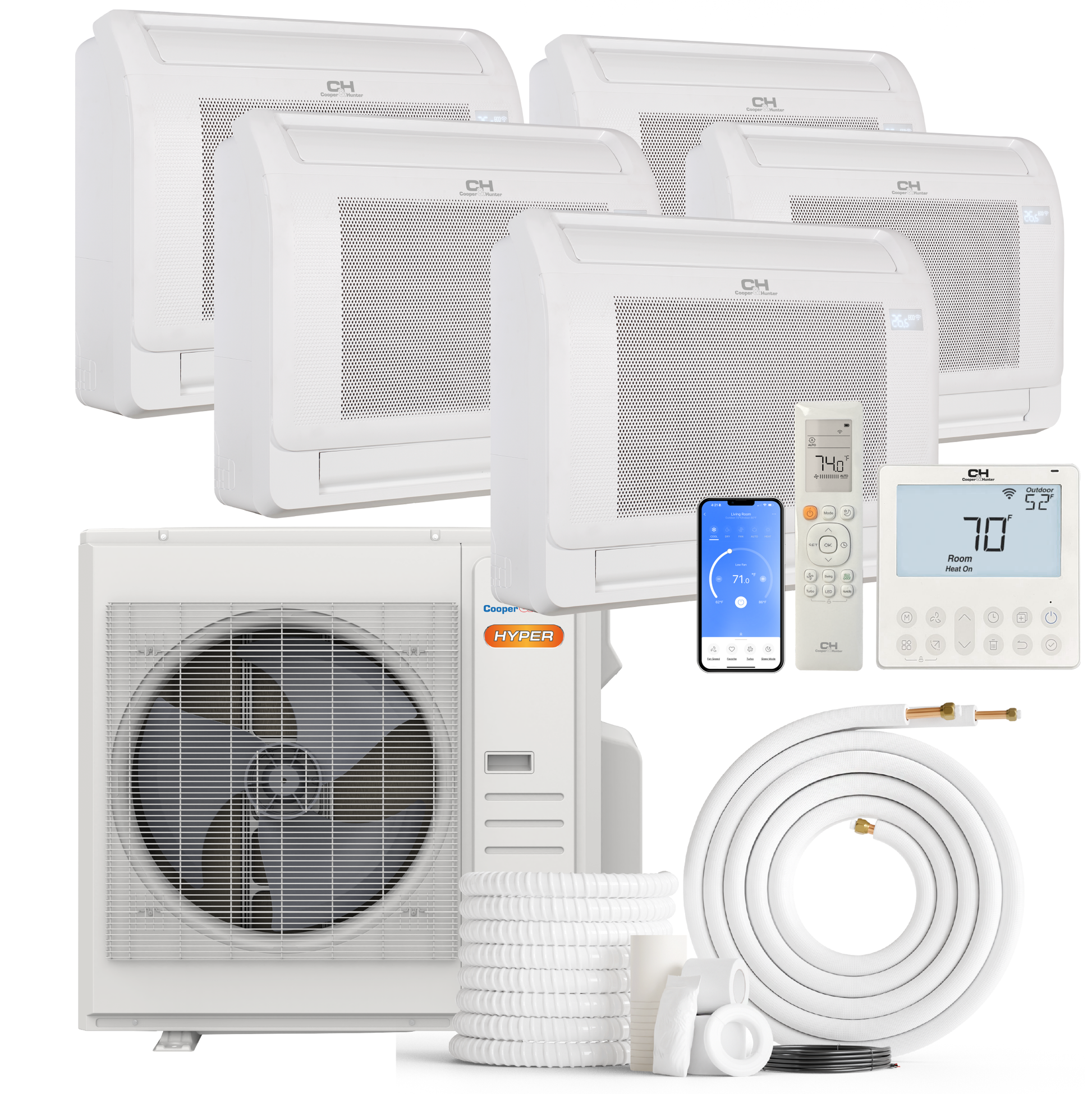 Cooper&Hunter Hyper 5-Zone Ductless Mini Split AC & Heat Pump 36000 BTU (9K+9K+9K+9K+12K), Floor Console Units, 230V