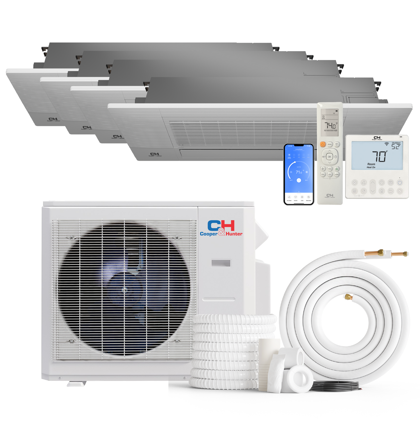 Cooper&Hunter 4-Zone Ductless Mini Split AC & Heat Pump 36000 BTU (6K+12K+12K+12K), One-Way Ceiling Cassettes Units, 230V