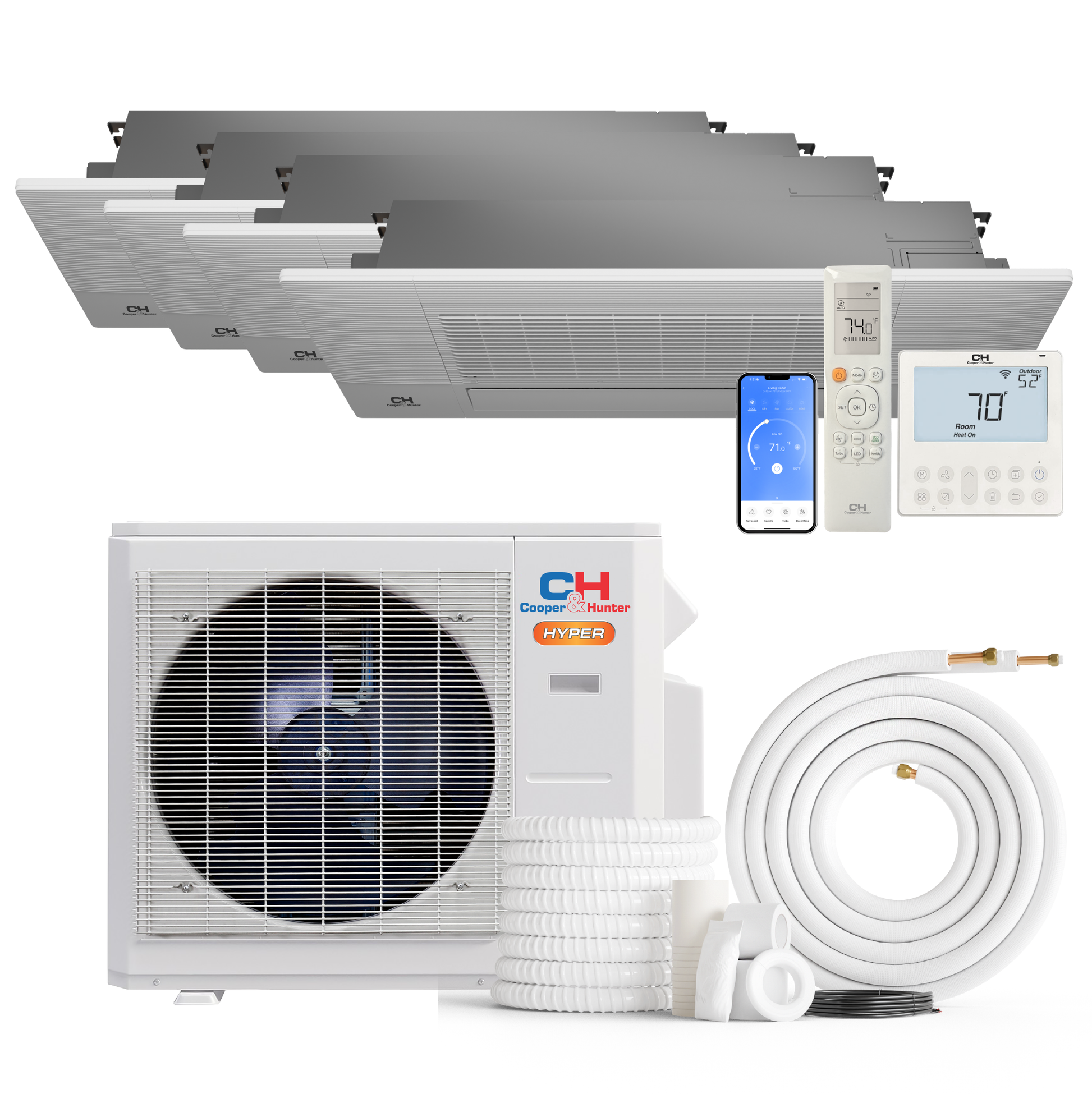 Cooper&Hunter Hyper 4-Zone Ductless Mini Split AC & Heat Pump 28000 BTU (6K+6K+9K+12K), One-Way Ceiling Cassettes Units, 230V
