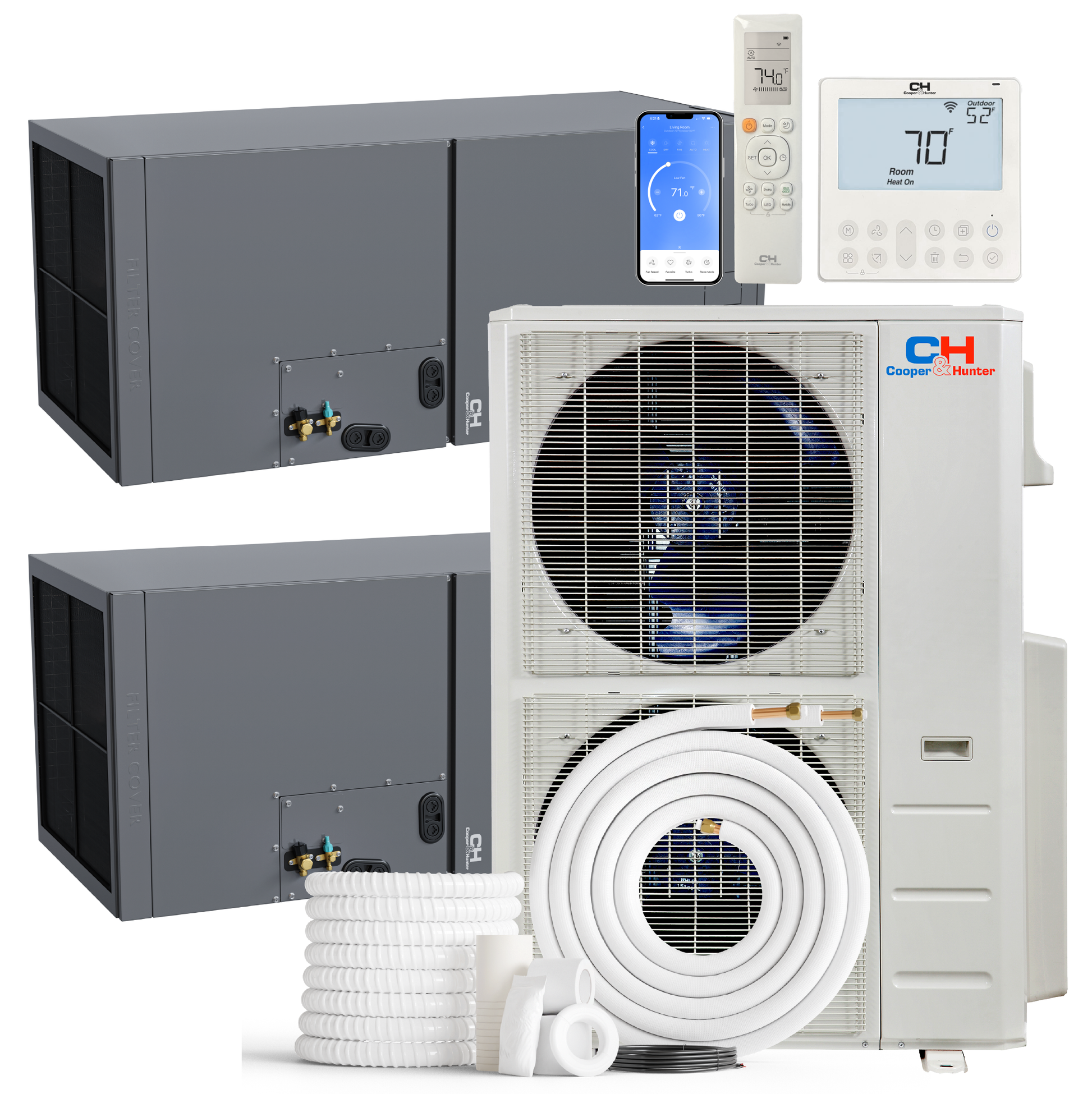 Cooper&Hunter 2-Zone Ducted Mini Split AC & Heat Pump 48000 BTU (18K+30K), Air Handler Units, 230V