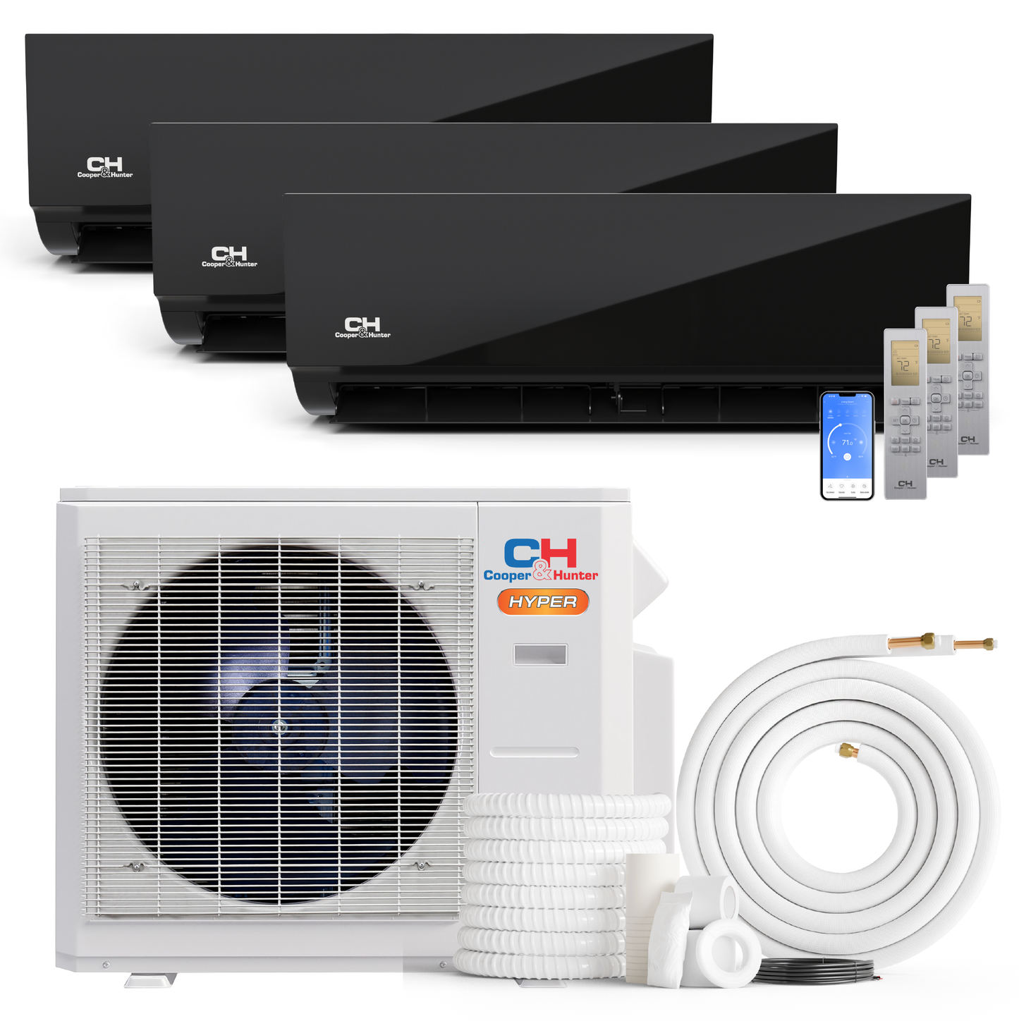 Cooper&Hunter Hyper Olivia Midnight 3-Zone Ductless Mini Split AC & Heat Pump 28000 BTU (9K+9K+18K), Wall Mount Units, 230V