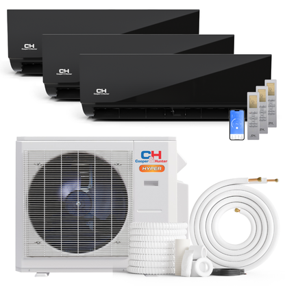 Cooper&Hunter Hyper Olivia Midnight 3-Zone Ductless Mini Split AC & Heat Pump 28000 BTU (9K+9K+18K), Wall Mount Units, 230V