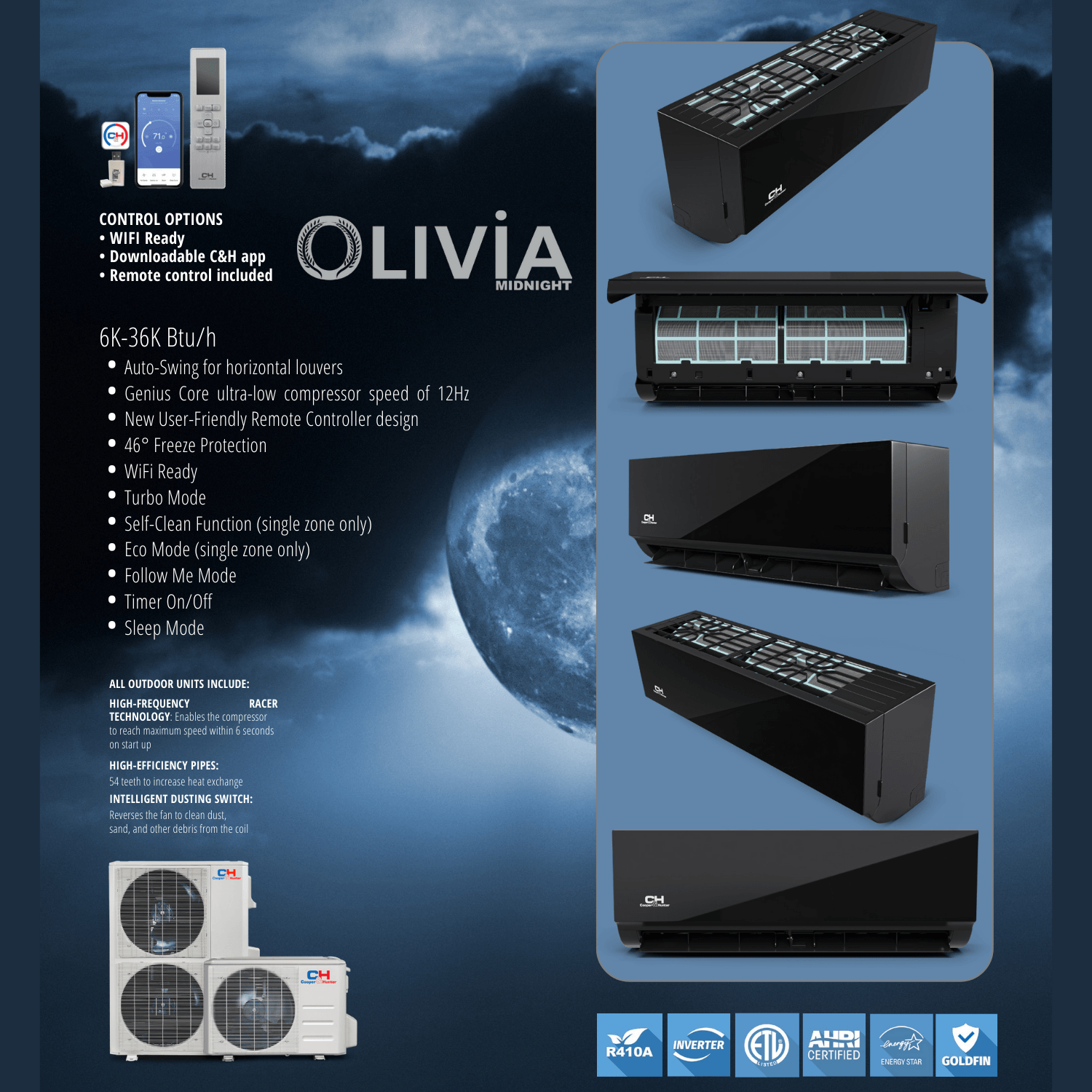 Cooper&Hunter Hyper Olivia Midnight 4-Zone Ductless Mini Split AC & Heat Pump 55000 BTU (6K+9K+9K+9K), Wall Mount Units, 230V - R410A
