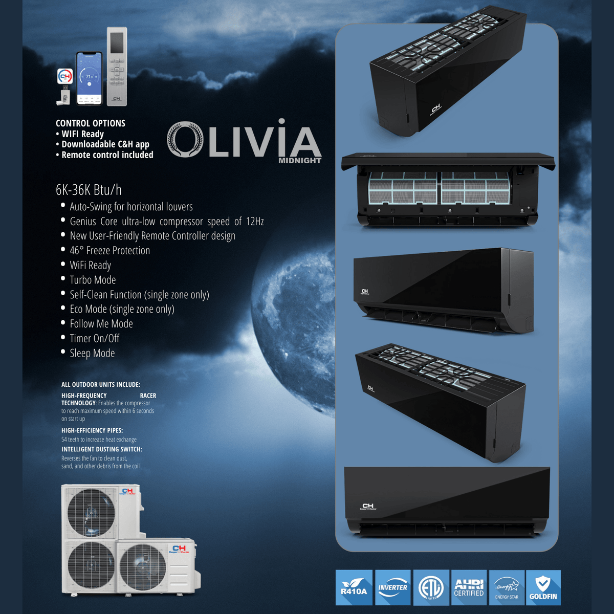 Cooper&Hunter Hyper Olivia Midnight 4-Zone Ductless Mini Split AC & Heat Pump 55000 BTU (9K+9K+9K+9K), Wall Mount Units, 230V - R410A