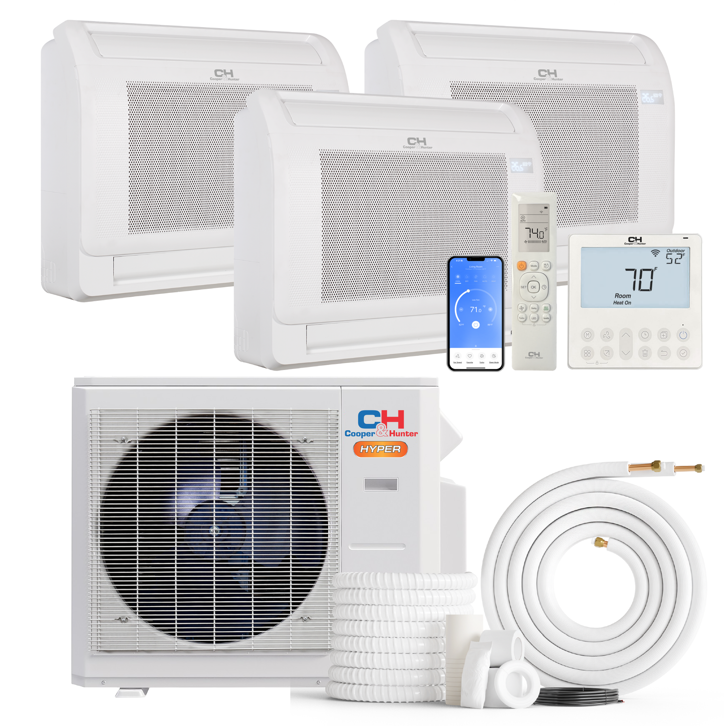 Cooper&Hunter Hyper 3-Zone Ductless Mini Split AC & Heat Pump 28000 BTU (12K+12K+18K), Floor Console Units, 230V