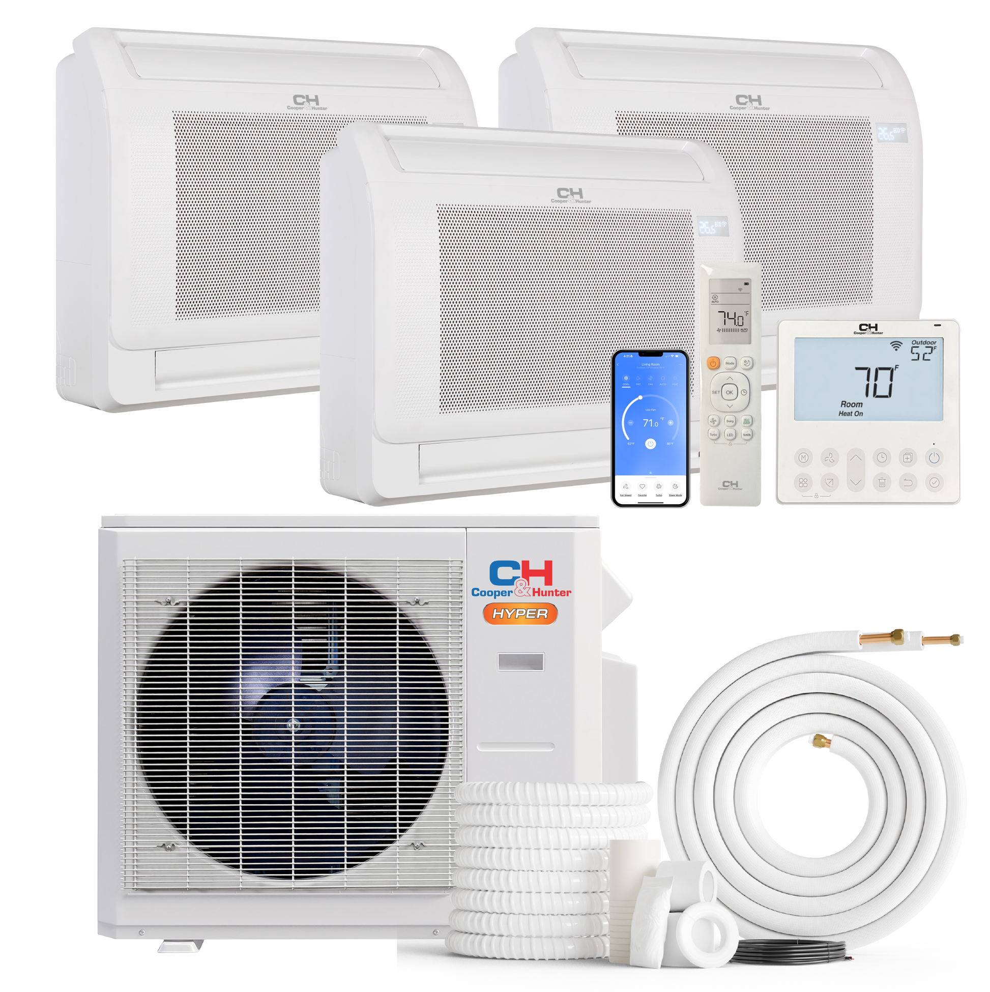 Cooper&Hunter Hyper 3-Zone Ductless Mini Split AC & Heat Pump 28000 BTU (9K+12K+12K), Floor Console Units, 230V