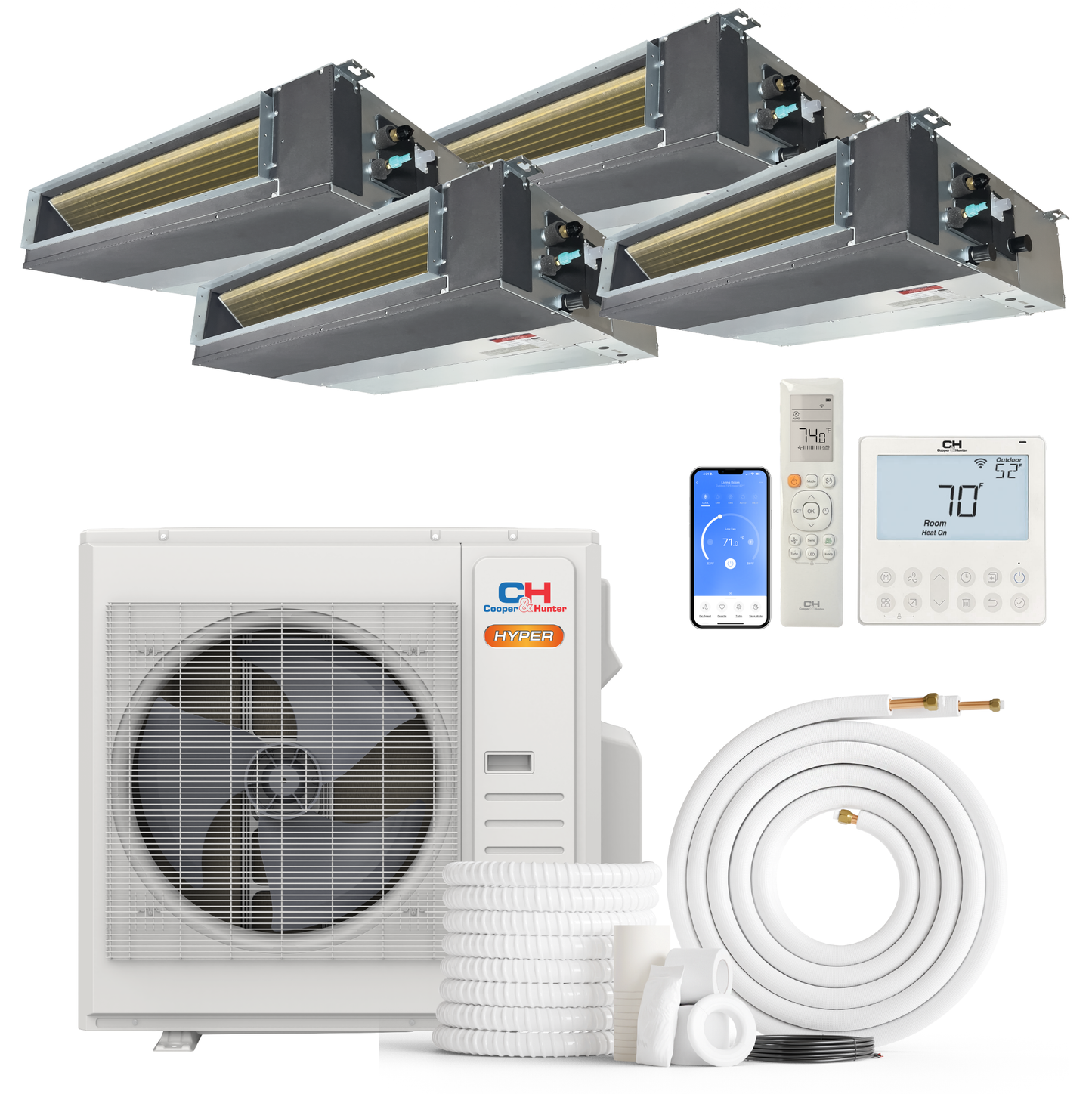 Cooper&Hunter Hyper 4-Zone Ducted Mini Split AC & Heat Pump 36000 BTU (6K+12K+12K+18K), Slim Duct Units, 230V