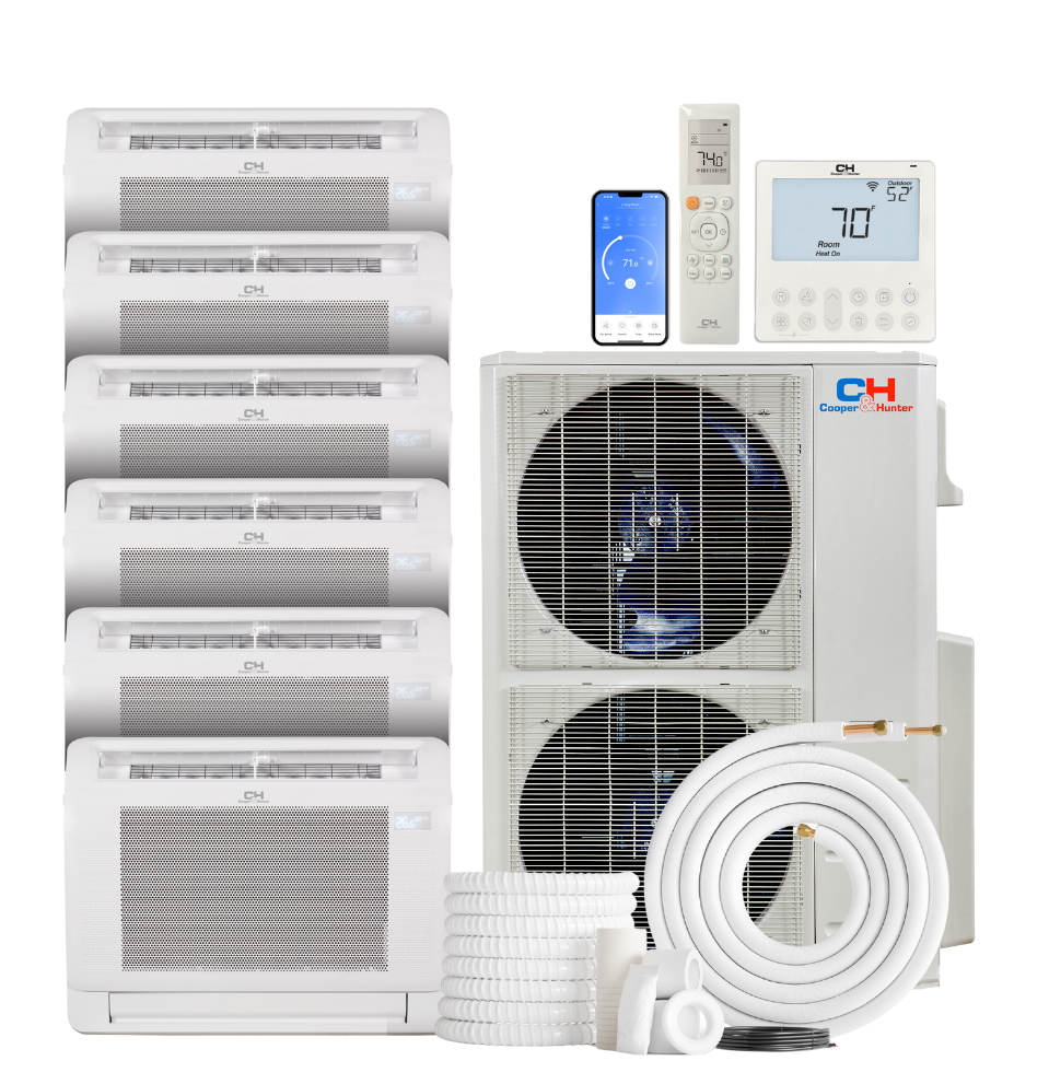 Cooper&Hunter 6-Zone Ductless Mini Split AC & Heat Pump 60000 BTU (9K+9K+9K+12K+12K+18K), Floor Console Units, 230V