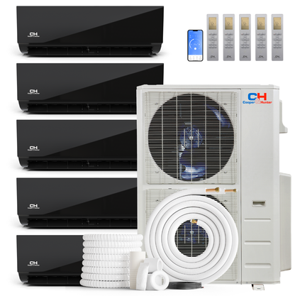 Cooper&Hunter Olivia Midnight 5-Zone Ductless Mini Split AC & Heat Pump 48000 BTU (9K+9K+9K+12K+18K), Wall Mount Units, 230V
