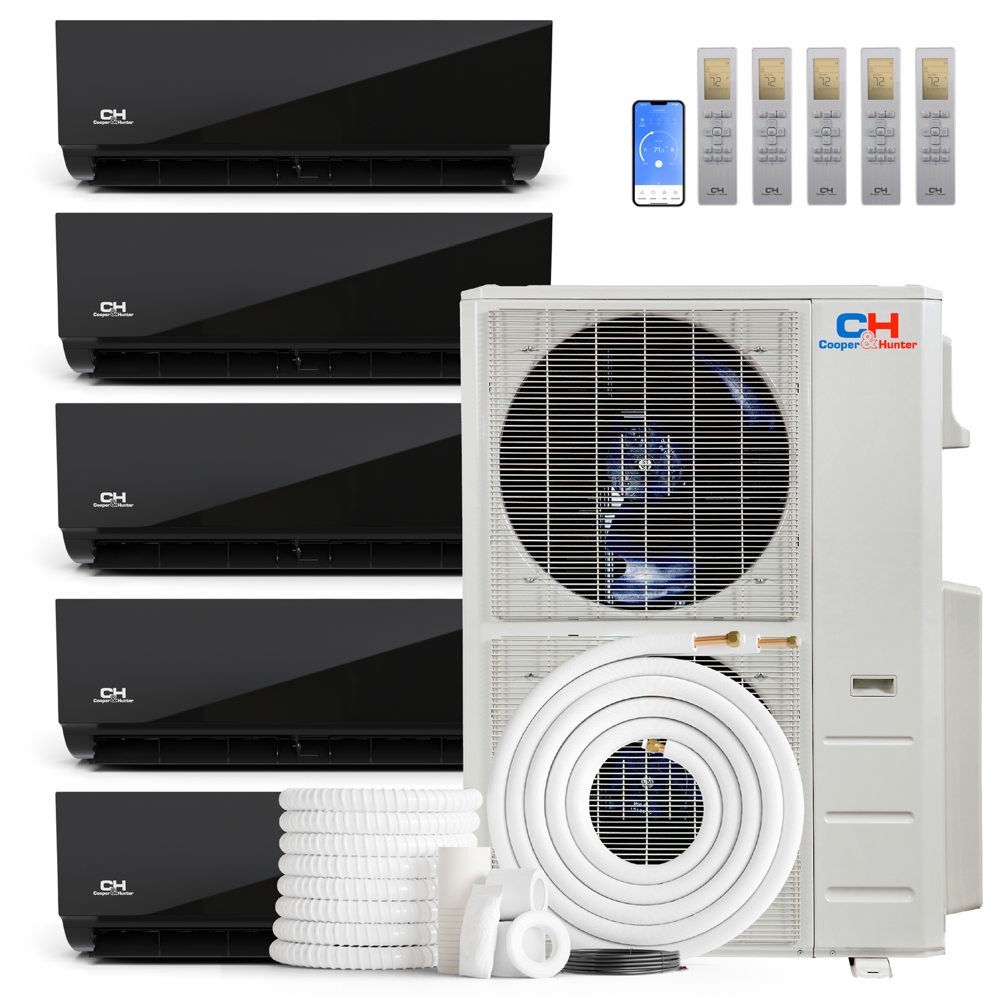 Cooper&Hunter Olivia Midnight 5-Zone Ductless Mini Split AC & Heat Pump 48000 BTU (9K+9K+9K+12K+24K), Wall Mount Units, 230V