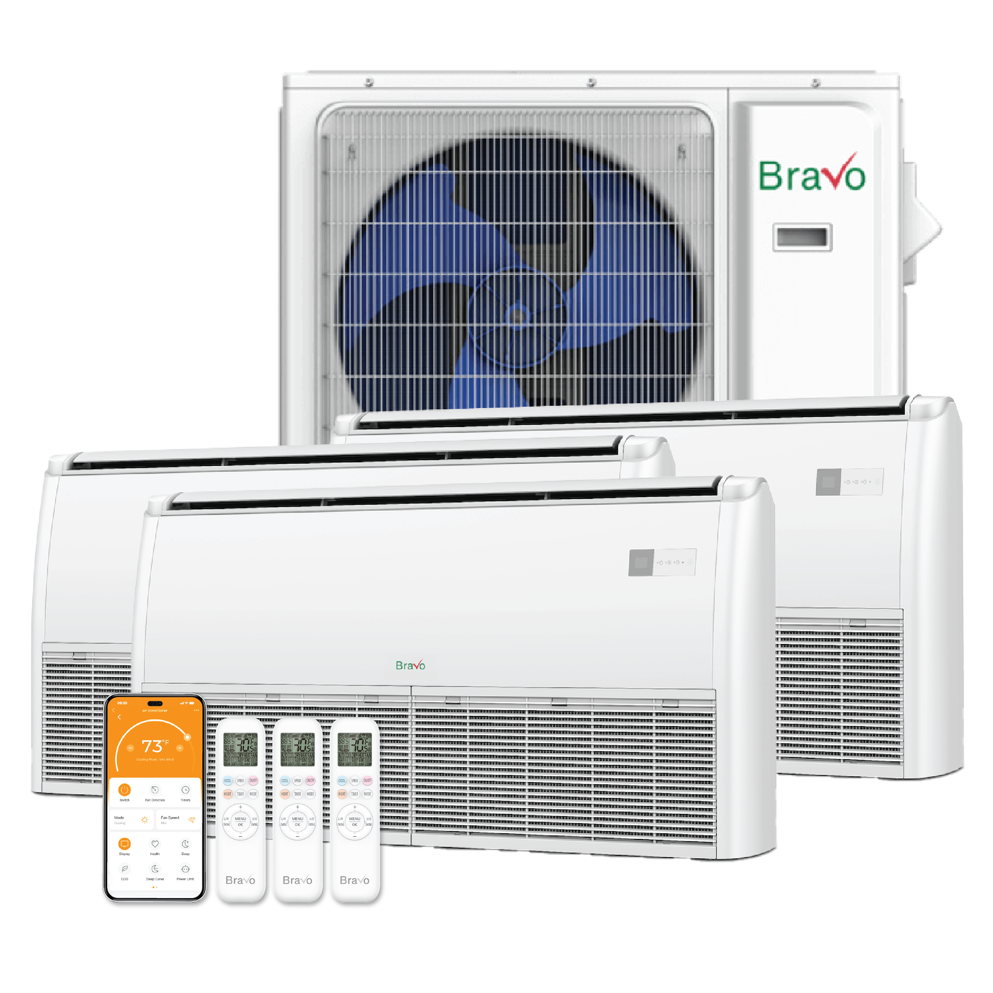 Bravo 3-Zone Ductless Mini Split AC & Heat Pump 36000 BTU (12K+12K+12K), Universal Floor Ceiling Units, 230V