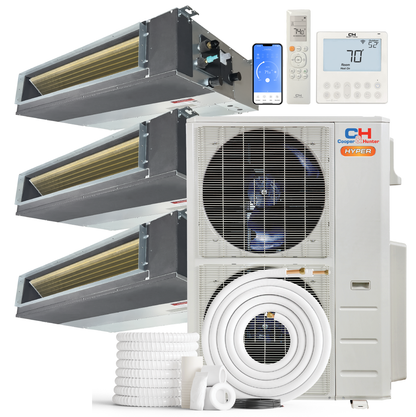 Cooper&Hunter Hyper 3-Zone Ducted Mini Split AC & Heat Pump 48000 BTU (9K+18K+18K), Slim Duct Units, 230V