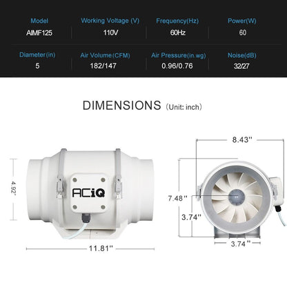 ACiQ 5 Inch Mixed Flow Inline Duct Fan - White
