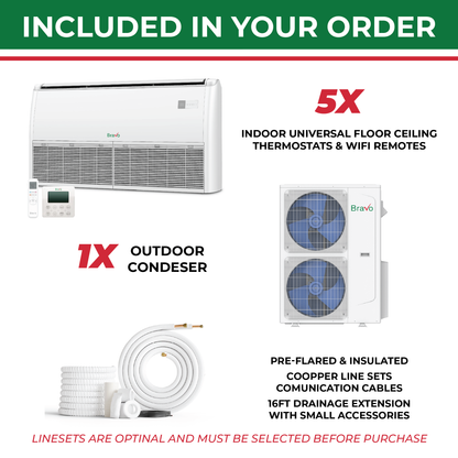 Bravo 5-Zone Ductless Mini Split AC & Heat Pump 42000 BTU (9K+9K+9K+9K+18K), Universal Floor Ceiling Units, 230V